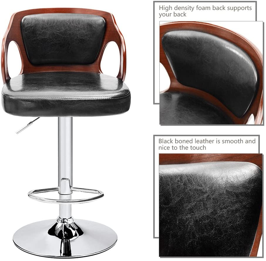 Bar Stools Walnut Bentwood Adjustable Height Leather Modern Barstools with Back Vinyl Seat Extremely Comfy Bar Stool 1 Piece (Black)