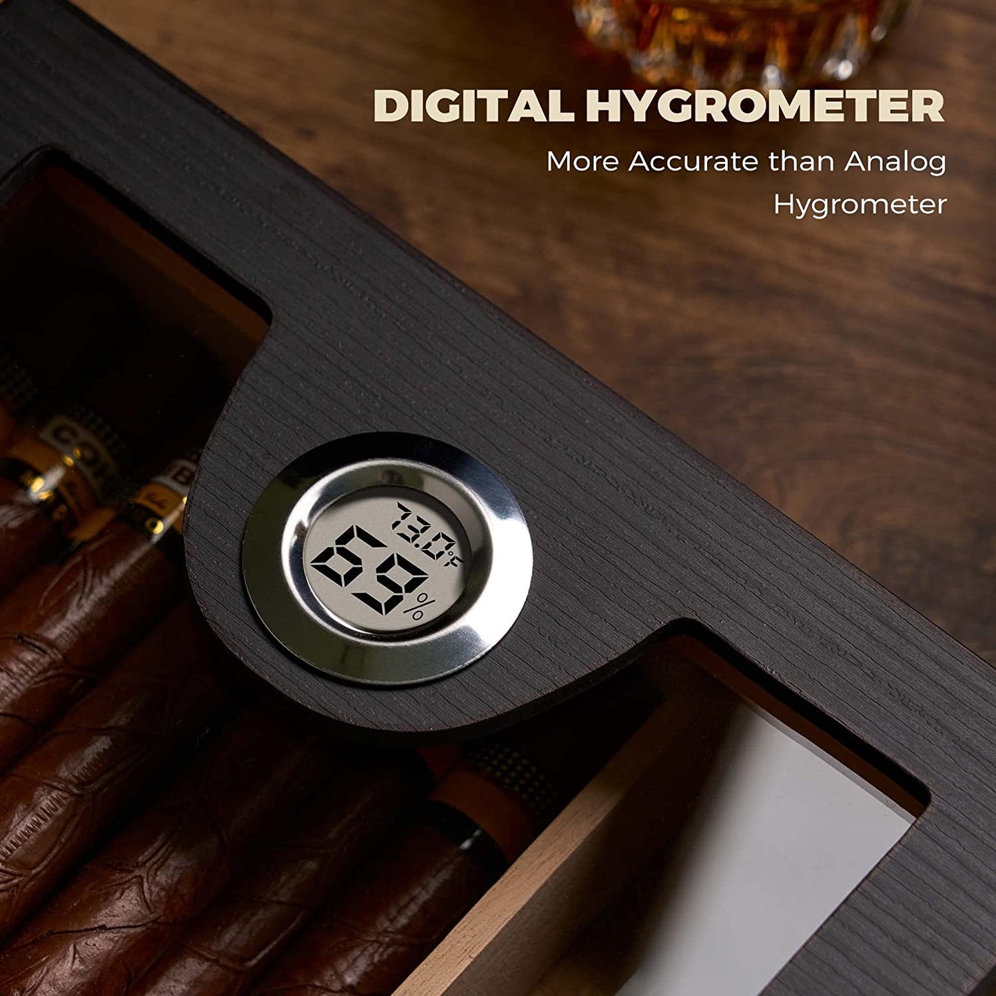 Cigar Humidor Box with Lighter and Cutter, Digital Hygrometer, Crystal Beads Humidifier, Ashtray, Spanish Cedar Lining and Divider for 25 Cigars, Cigar Accessories Gifts for Men