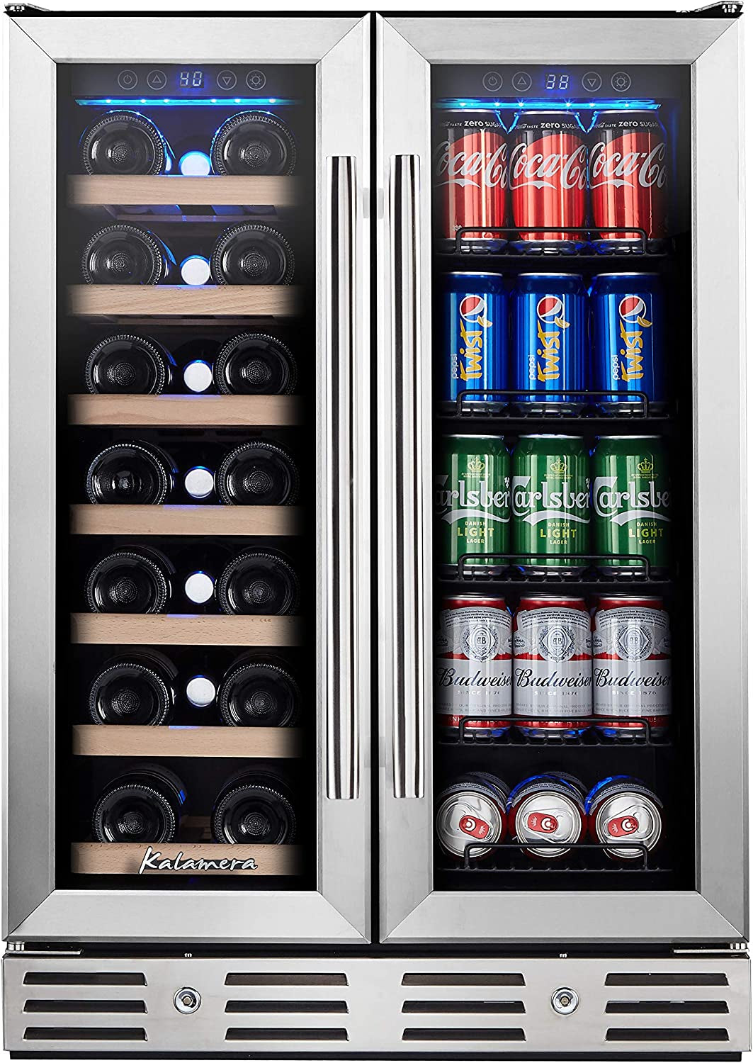 Kalamera Wine Fridge, 24 Inch Wine and Beverage Refrigerator under Counter, Dual Zone Wine Cooler W/20 Bottles & 78 Cans, Seamless Steel Door