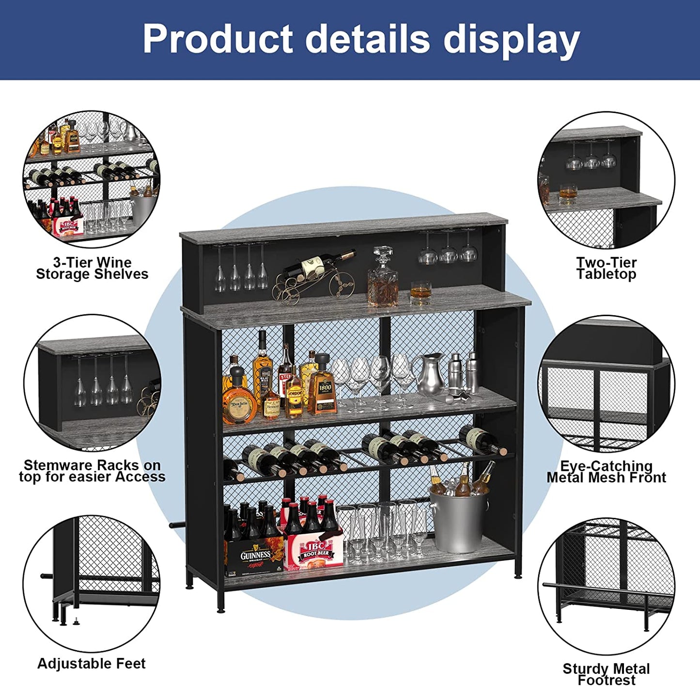 GDLF Home Bar Unit Mini Bar Liquor Bar Table with Storage and Footrest for Home Kitchen Pub (Grey)