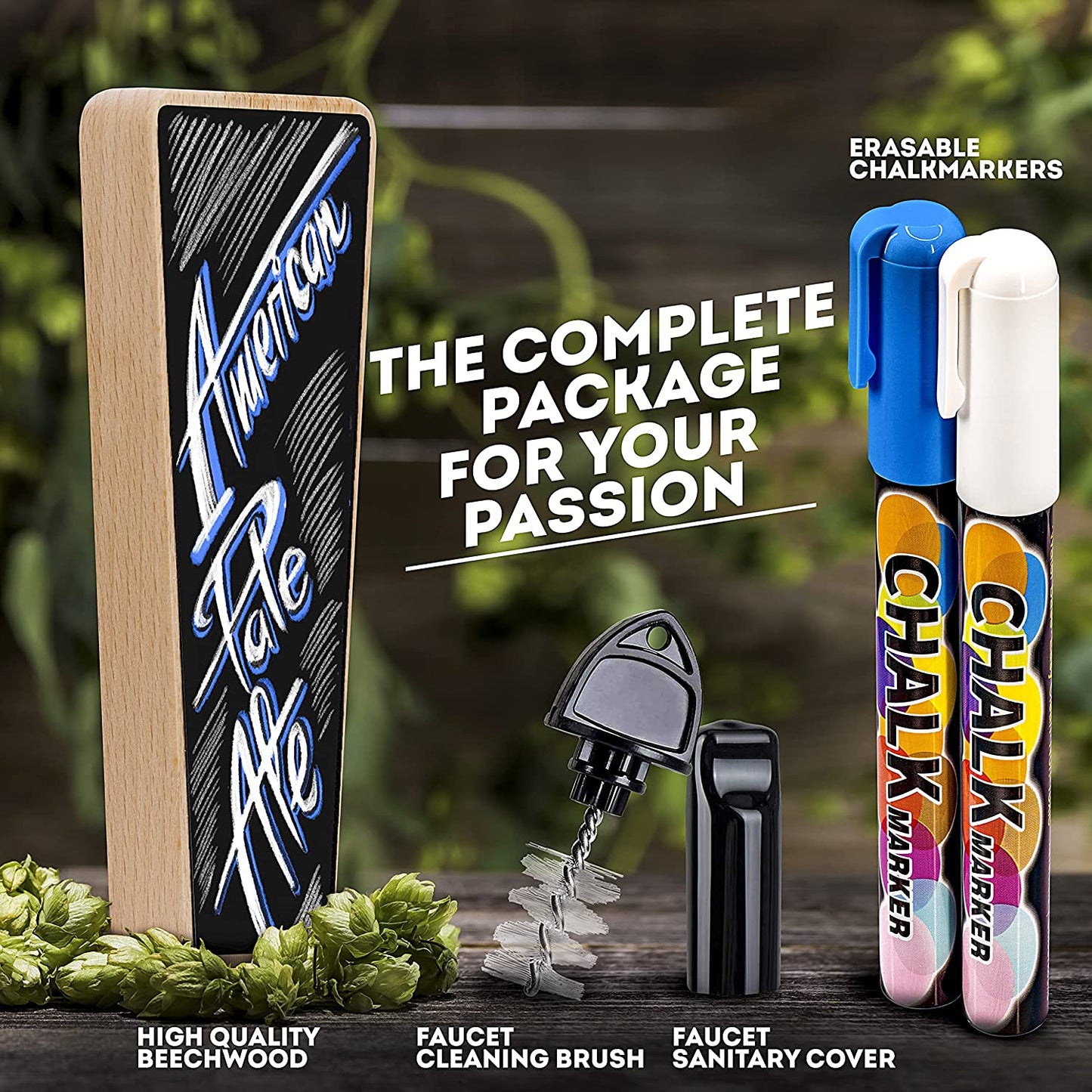 Beer Tap Handle and Two Liquid Chalk Markers Set - Wooden Keg Taps Handles for Standard Faucets and Kegerators with Reusable Chalkboard - Suitable for Home Brew, Bars, Kegs and Draft Beer