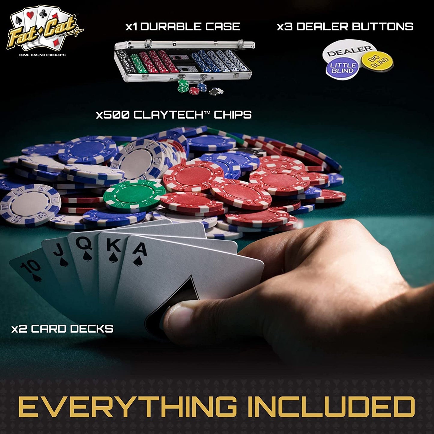 Fat Cat 11.5 Gram Texas Hold 'Em Claytec Poker Chip Set with Aluminum Case, 500 Striped Dice Chips