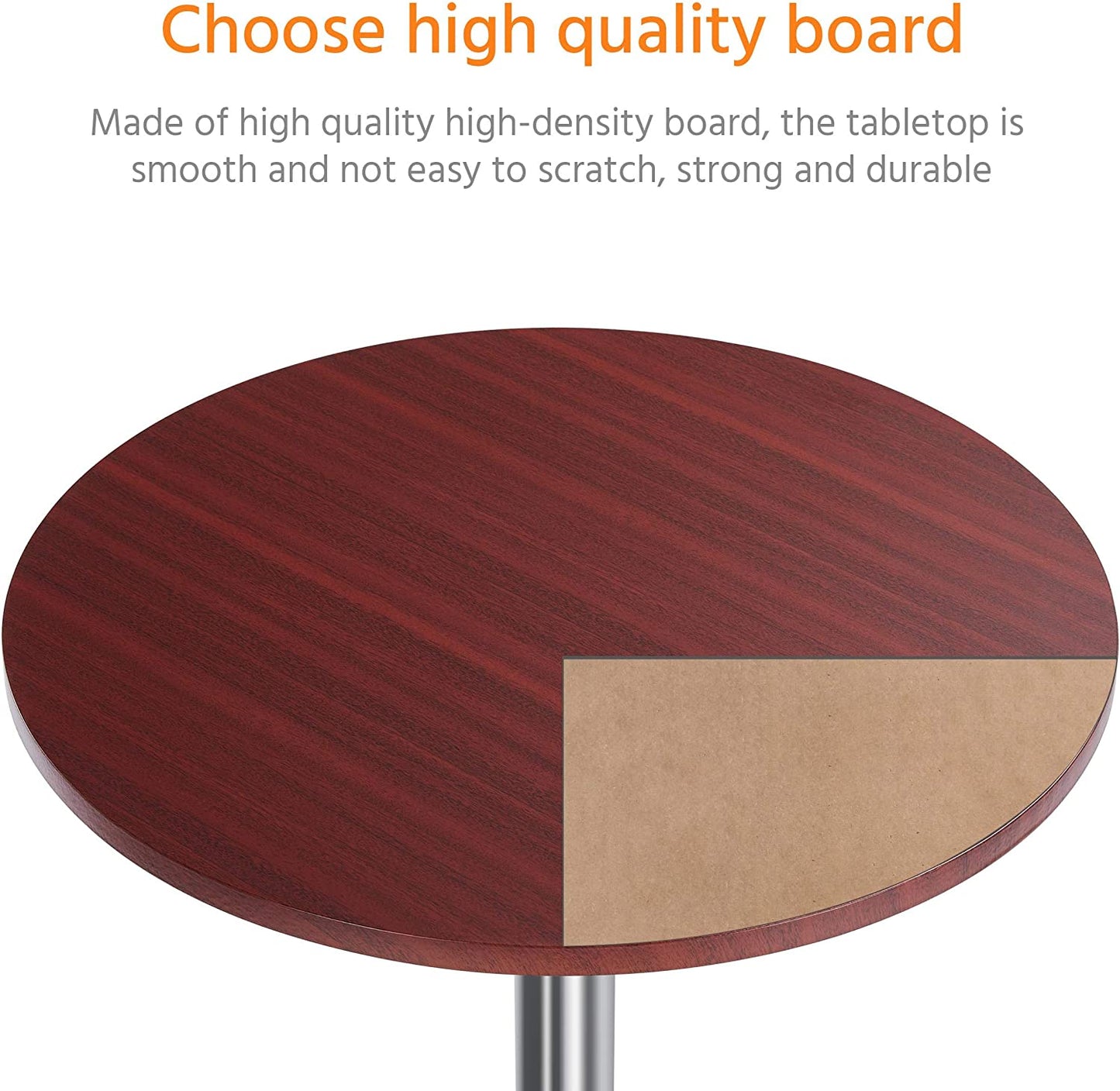 round Pub Bar Table High Top Table Cocktail Table MDF Top with Silver Leg Base 27.4-35.8 Inch Adjustable 88 Lb Capacity, Mahogany Color
