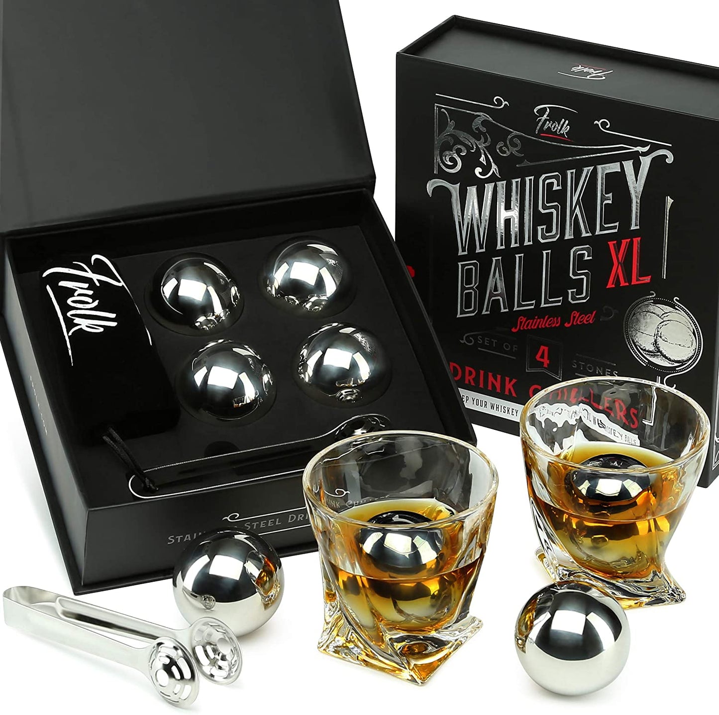 Gifts for Men Dad Husband Christmas- 4 XL Stainless Steel Whisky Ice Balls, Special Tongs & Freezer Pouch in Luxury Gift Box for Whiskey Lovers!