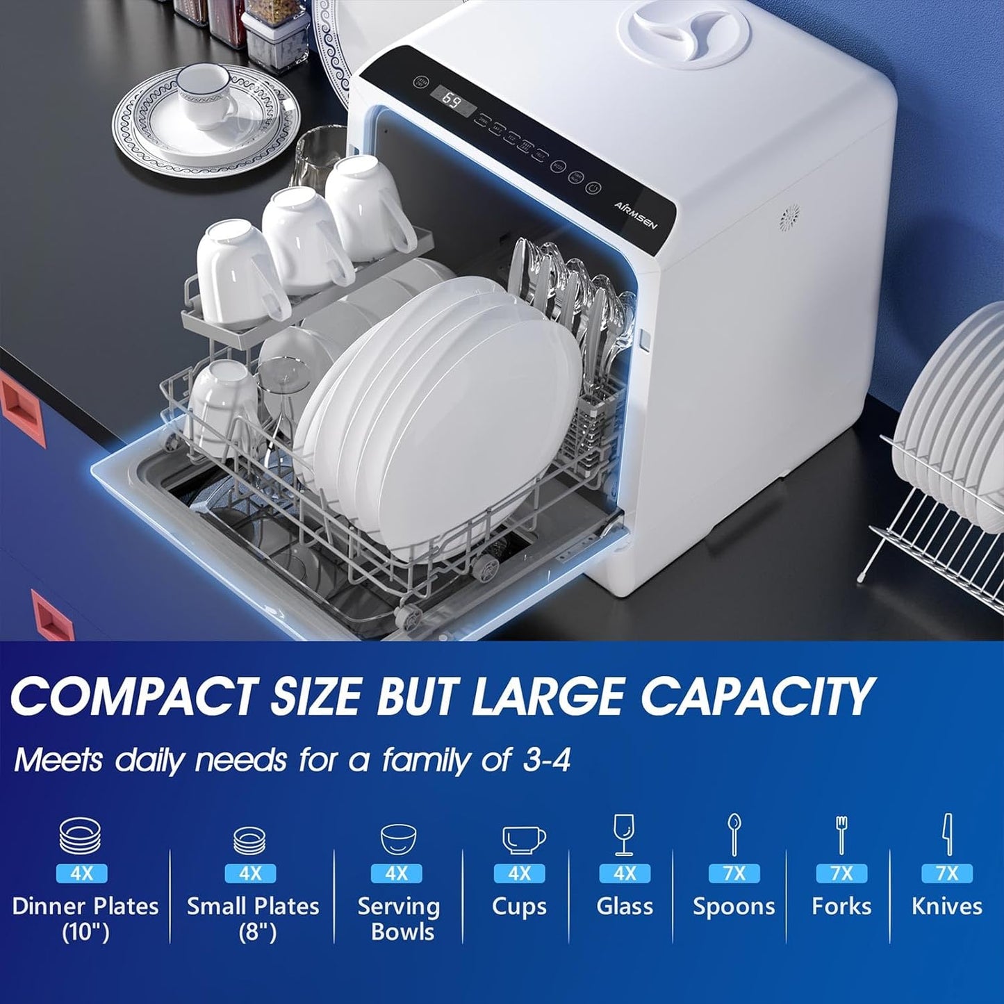 AE-TDQR03 Portable Countertop Dishwasher, Compact Mini Dish Washer with 5-Liter Built-In Water Tank and Air-Dry Function, 5 Washing Programs, Baby Care, Glass & Fruit Wash-White/Black