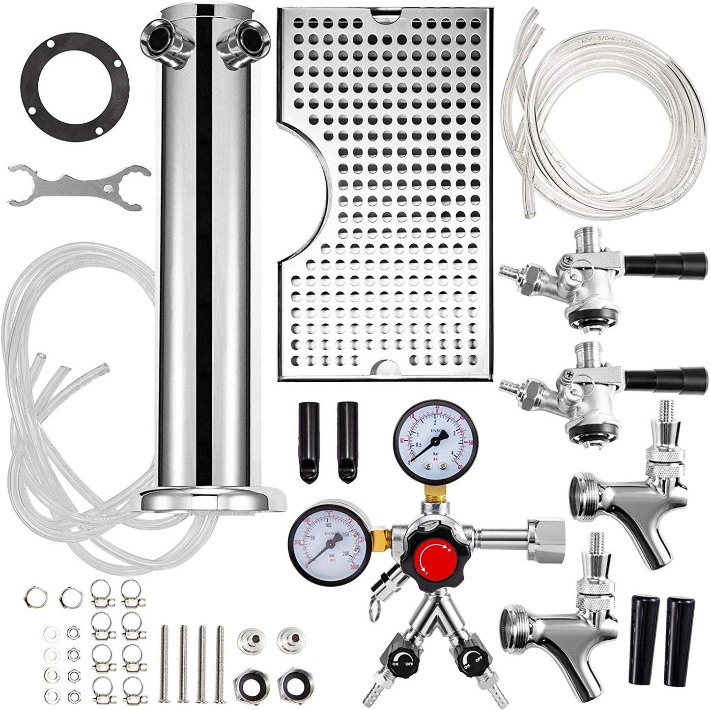Kegerator Tower Kit, Double Tap Beer Conversion Kit, No Tank Keg Conversion Kit, Stainless Steel Keg Tower, Deluxe Kegarator Beer Conversion with Dual Gauge Regulator & D-System Keg Coupler