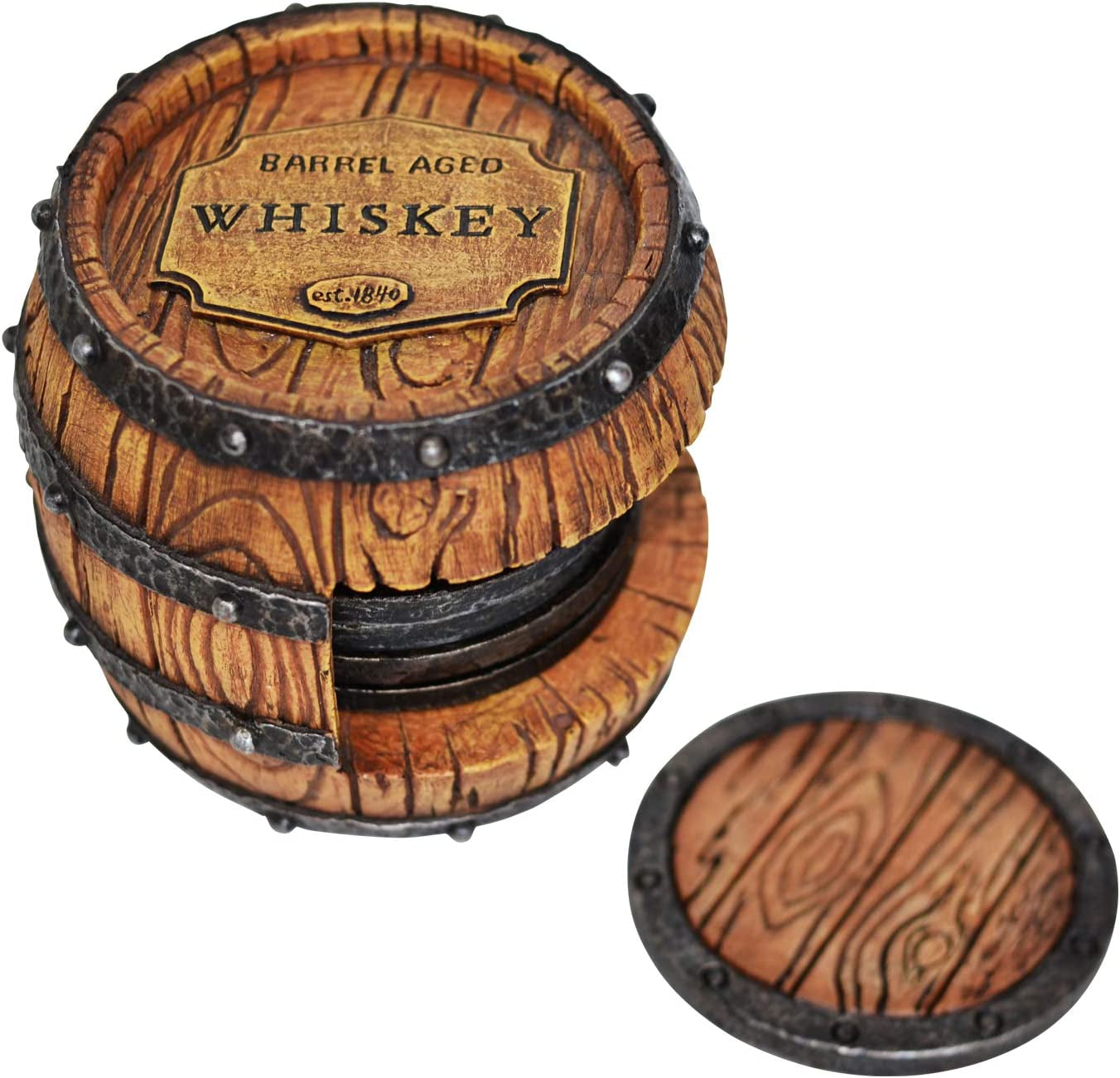 5Pc Whiskey Bourbon Barrel Drink Coasters, Unique Bar Decor & Accessories, Beer & Whiskey Glass Coaster - Home Decorations for Dining Room or Home Bar - Modern Coaster Set with Holder for Man Cave