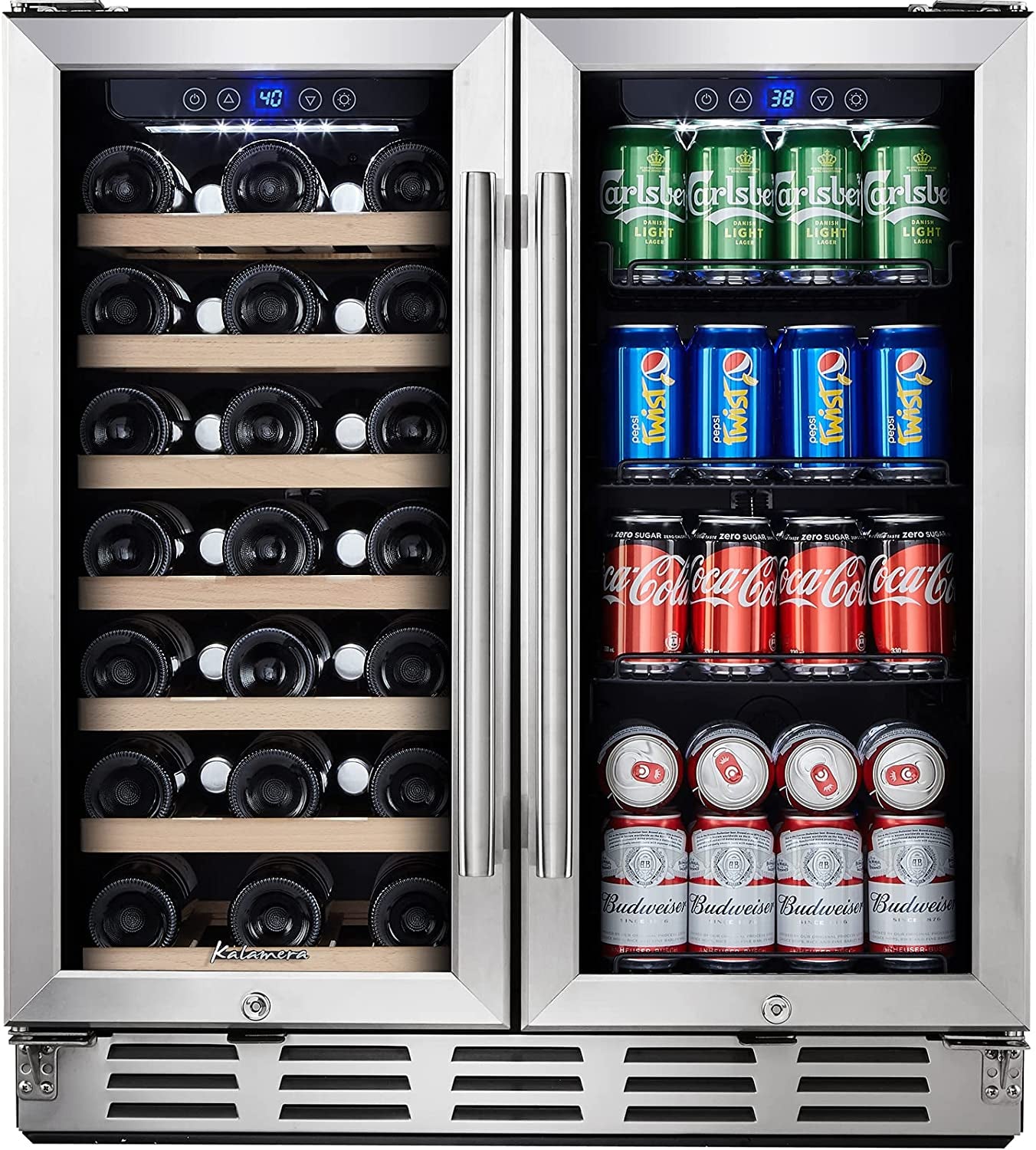 Kalamera Wine Fridge, 24 Inch Wine and Beverage Refrigerator under Counter, Dual Zone Wine Cooler W/20 Bottles & 78 Cans, Seamless Steel Door