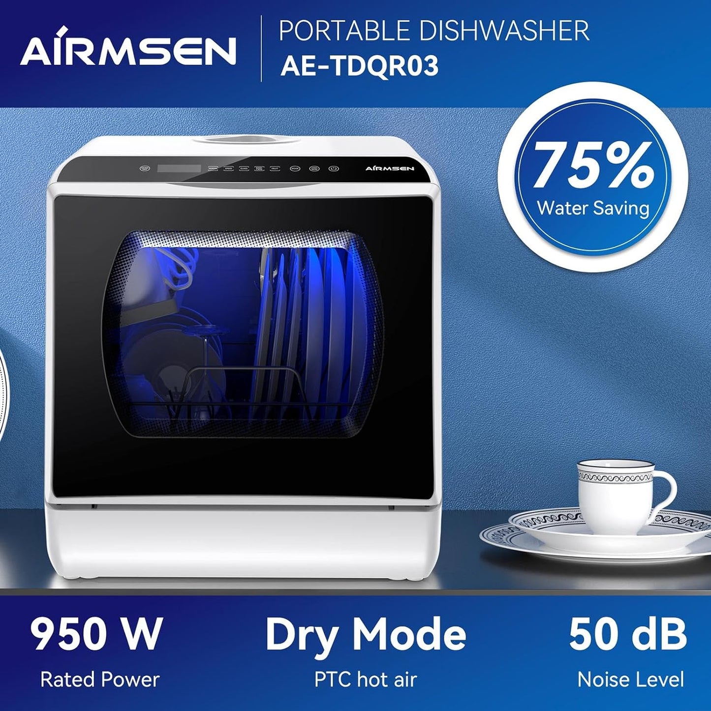 AE-TDQR03 Portable Countertop Dishwasher, Compact Mini Dish Washer with 5-Liter Built-In Water Tank and Air-Dry Function, 5 Washing Programs, Baby Care, Glass & Fruit Wash-White/Black