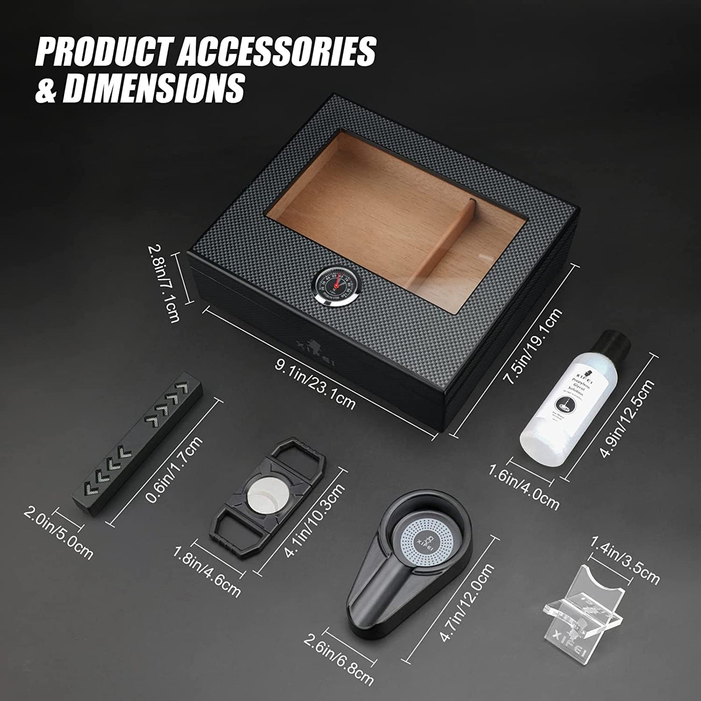 Cigar Humidor, Glass Top Carbon Fiber Texture Top Inlay Hygrometer,Including Cigar Humidifier, Acrylic Cigar Stand,Cigar Ashtray and Humidor Solution, Holds 25-60 Cigars (9IN*7.5 * 2.8)