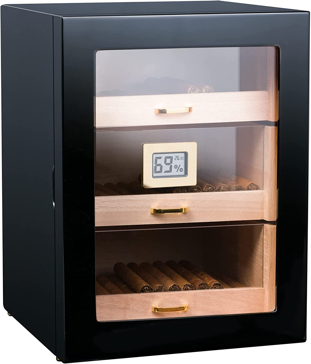 Cigar Humidor Cabinet with Digital Hygrometer for 100 to 150 Counts, Spanish Cedar Lined Cigar Box with 3 Large Drawers, 2 Crystal Gel Humidifiers, Glossy Ebony Finish, Great Gift for Father