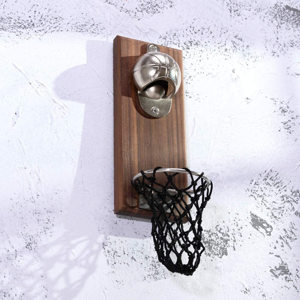 Magnetic Basketball Bottle Opener, Wooden Wall Mounted Opener with Cap Collector Catcher, Ideal Gift for Basketball and Beer Lovers, Use as Kitchen-Yard-Bar Decoration