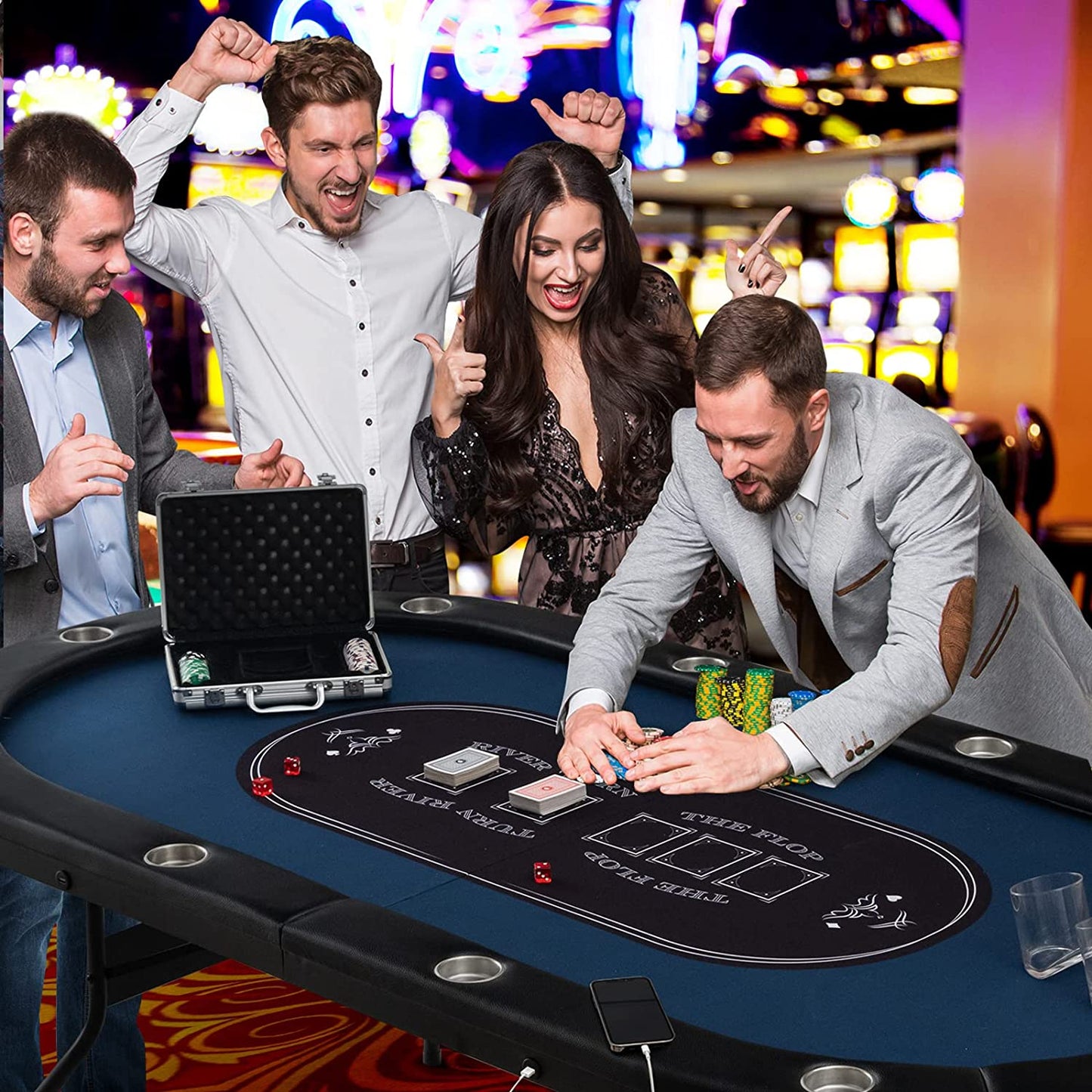 10 Players Poker Table with Cup Holder, Folding Casino Leisure Table with 4 USB Ports, Extra Lights, Easy to Assemble, Foldable Game Poker Tables for Texas, Card Games, Blue