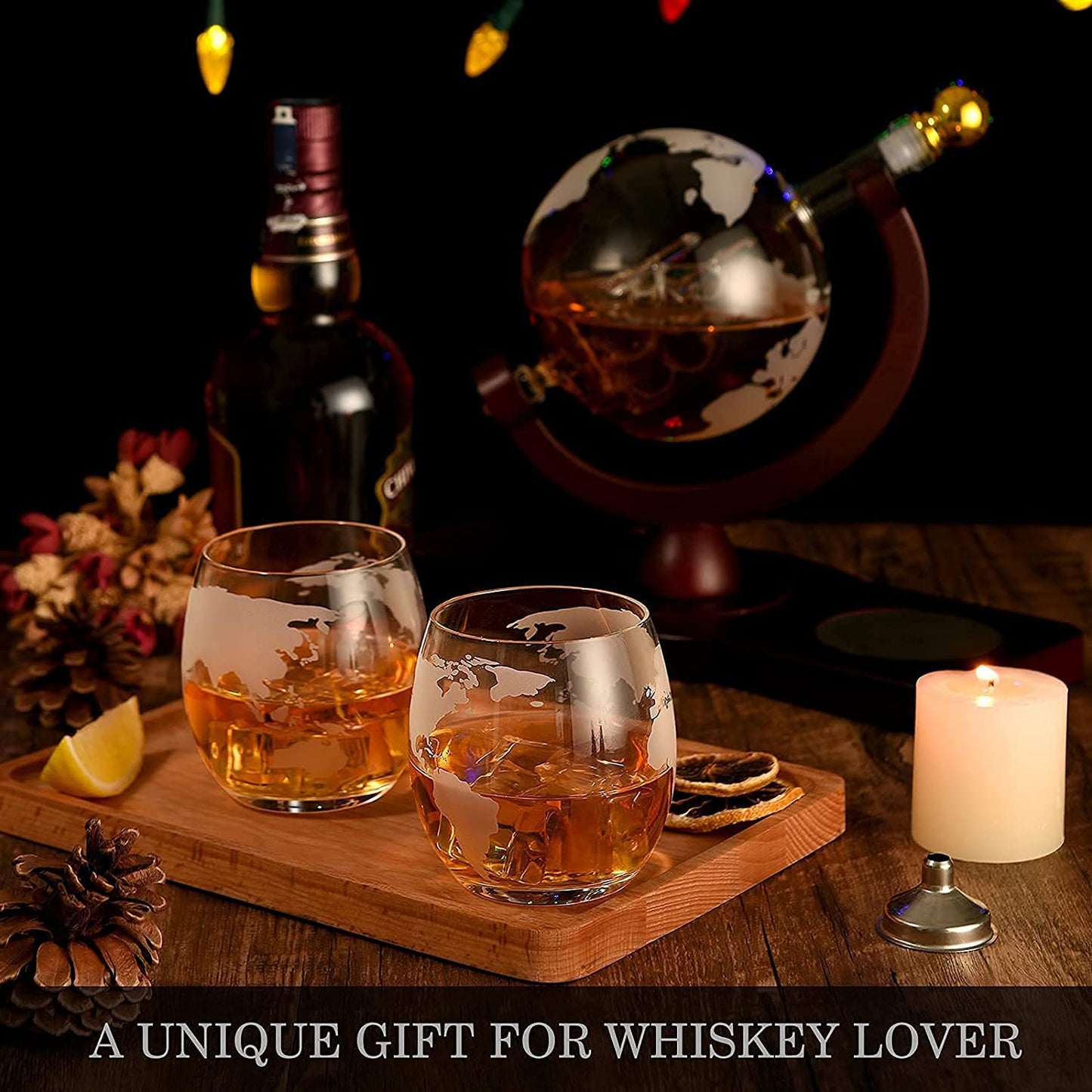 Gifts for Men Dad, Unique Valentines Day Anniversary Birthday Gift for Him Husband Boyfriend Groomsmen, Globe Decanter Set with 2 Glasses, Wedding Bourbon Liquor Scotch Cool Stuff Presents for Her