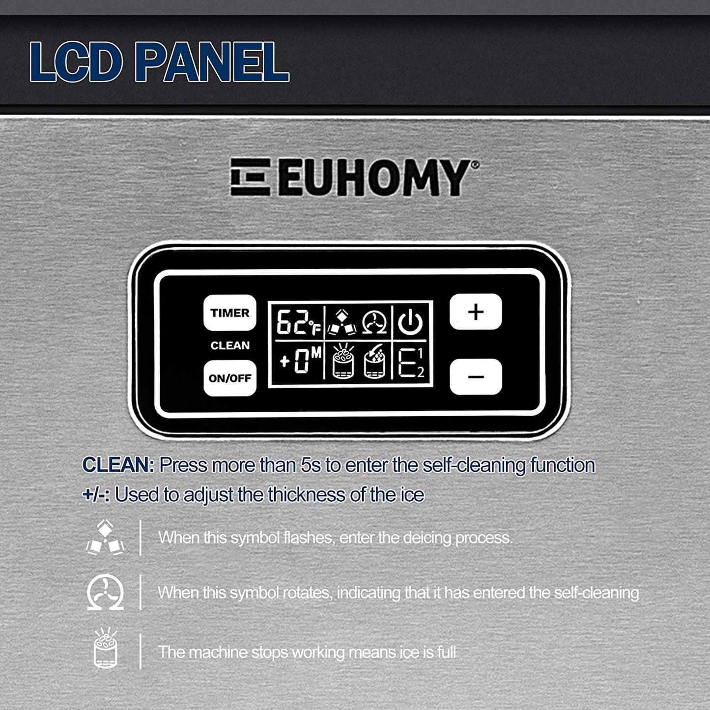 Euhomy Commercial Ice Maker Machine, 100Lbs/24H Stainless Steel under Counter Ice Machine with 33Lbs Ice Storage Capacity, Freestanding Ice Maker.