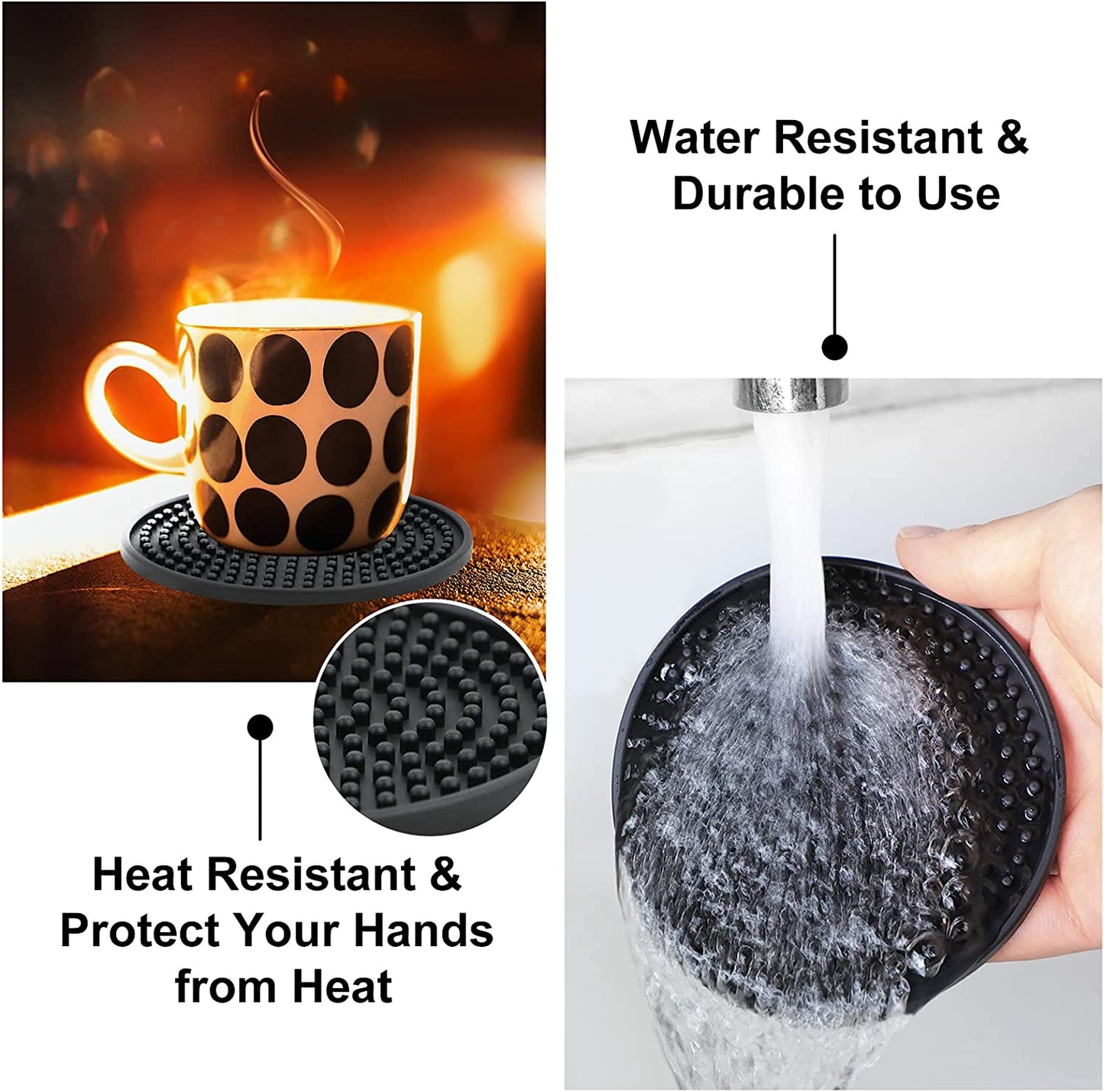 Coasters for Drinks , Perfect Silicone Drink Coasters Set of 8, Non-Stick Black Coasters for Coffee Table, Wooden Table, Heat Resistant Coaster Set with Deep Grooved, Coasters Fit All Cups