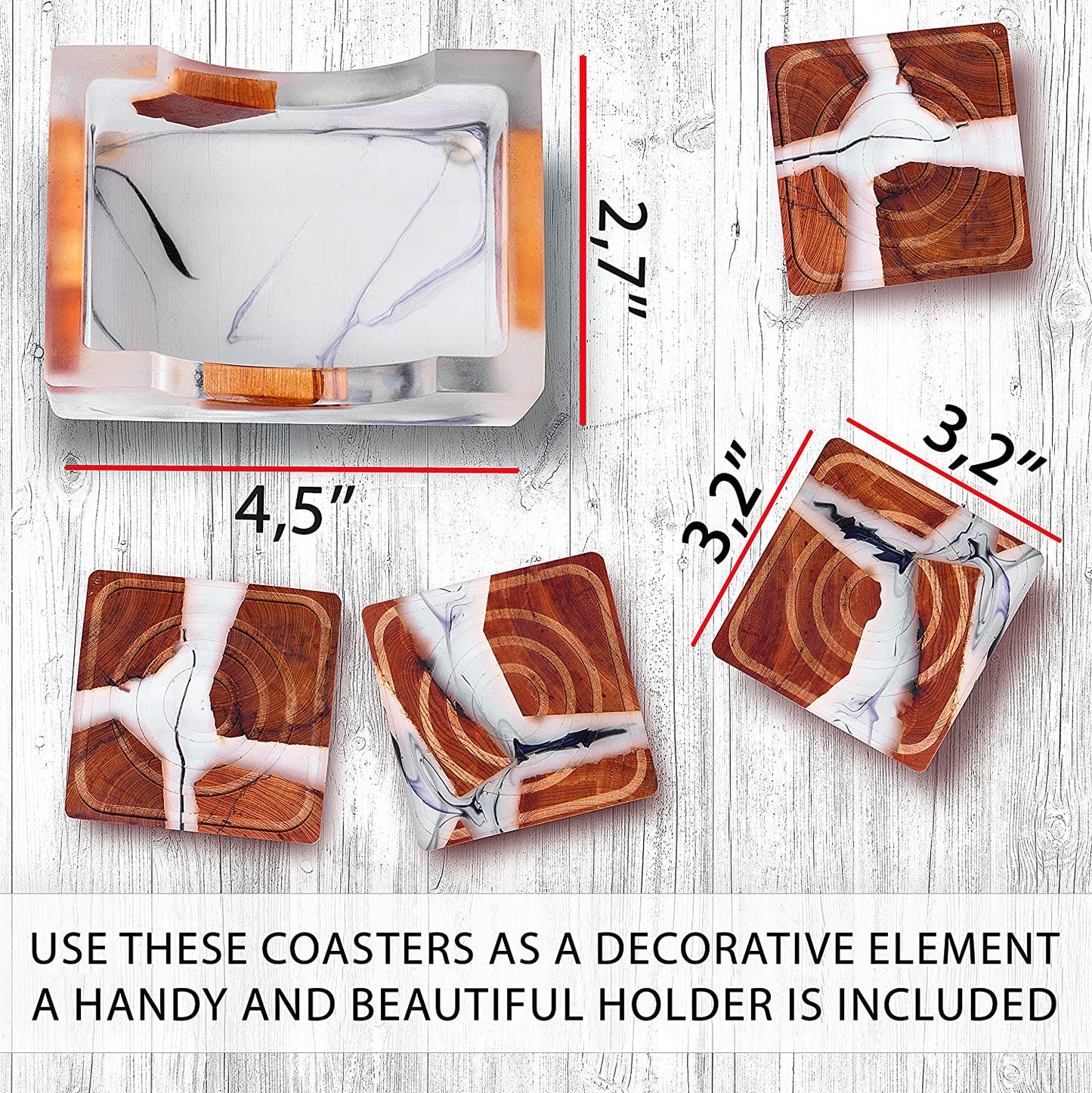 Qualerica Wooden Coasters Set, Epoxy Coasters, Wooden Coasters with Grooves, Modern Coasters with Holder, Cedar Wood Coaster, Set of 4 Coasters with Holder (4, Add Holder)