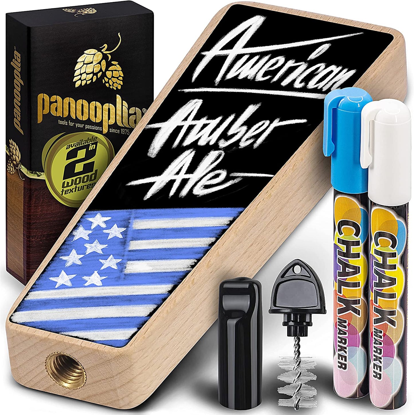 Beer Tap Handle and Two Liquid Chalk Markers Set - Wooden Keg Taps Handles for Standard Faucets and Kegerators with Reusable Chalkboard - Suitable for Home Brew, Bars, Kegs and Draft Beer