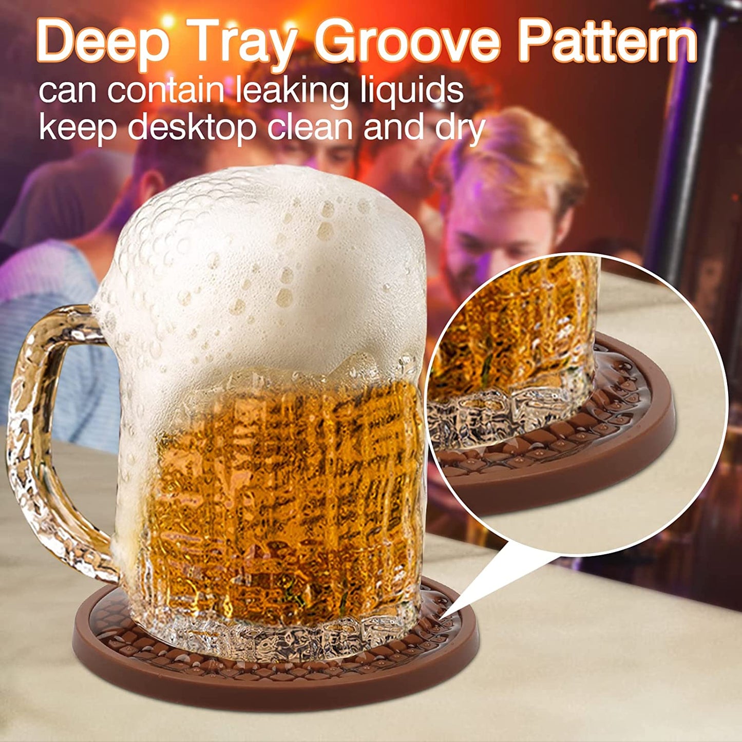 7 Pack Silicone Coasters for Drinks, Thickened Coasters with Deep Tray Grooved Design Cup Mat, Washable Heat Resistant Durable Non-Slip Coasters for Coffee Table Wooden Desk Kitchen Bar (Brown)