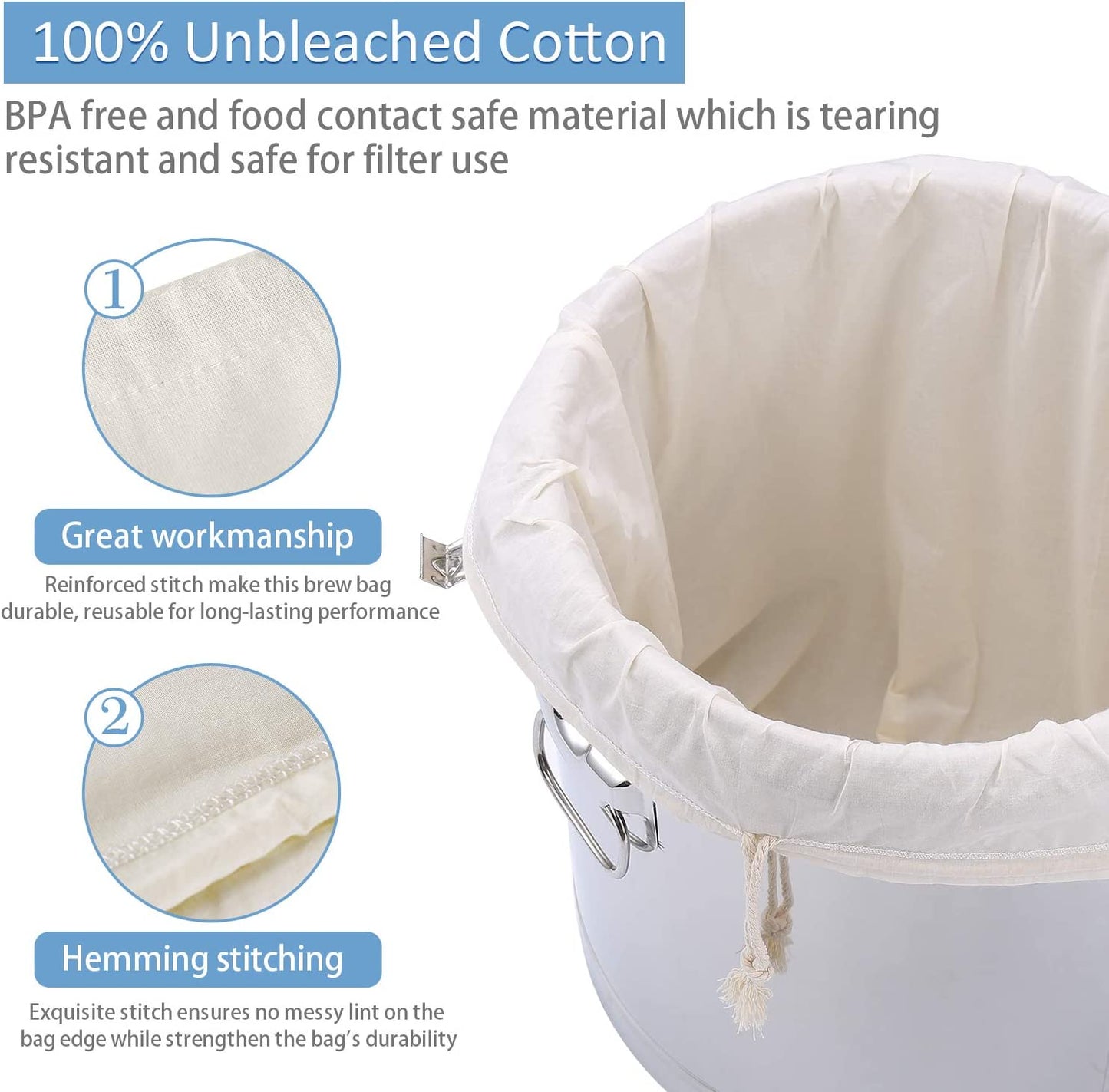 Brew Bags(26" X 22") 2 Pack Unbleached Reusable Organic Cotton Brew Bags for Home Brewing, Drawstring Straining Bag Fine Mesh Cheesecloth Bag for Fruit/Cider/Wine/Beer