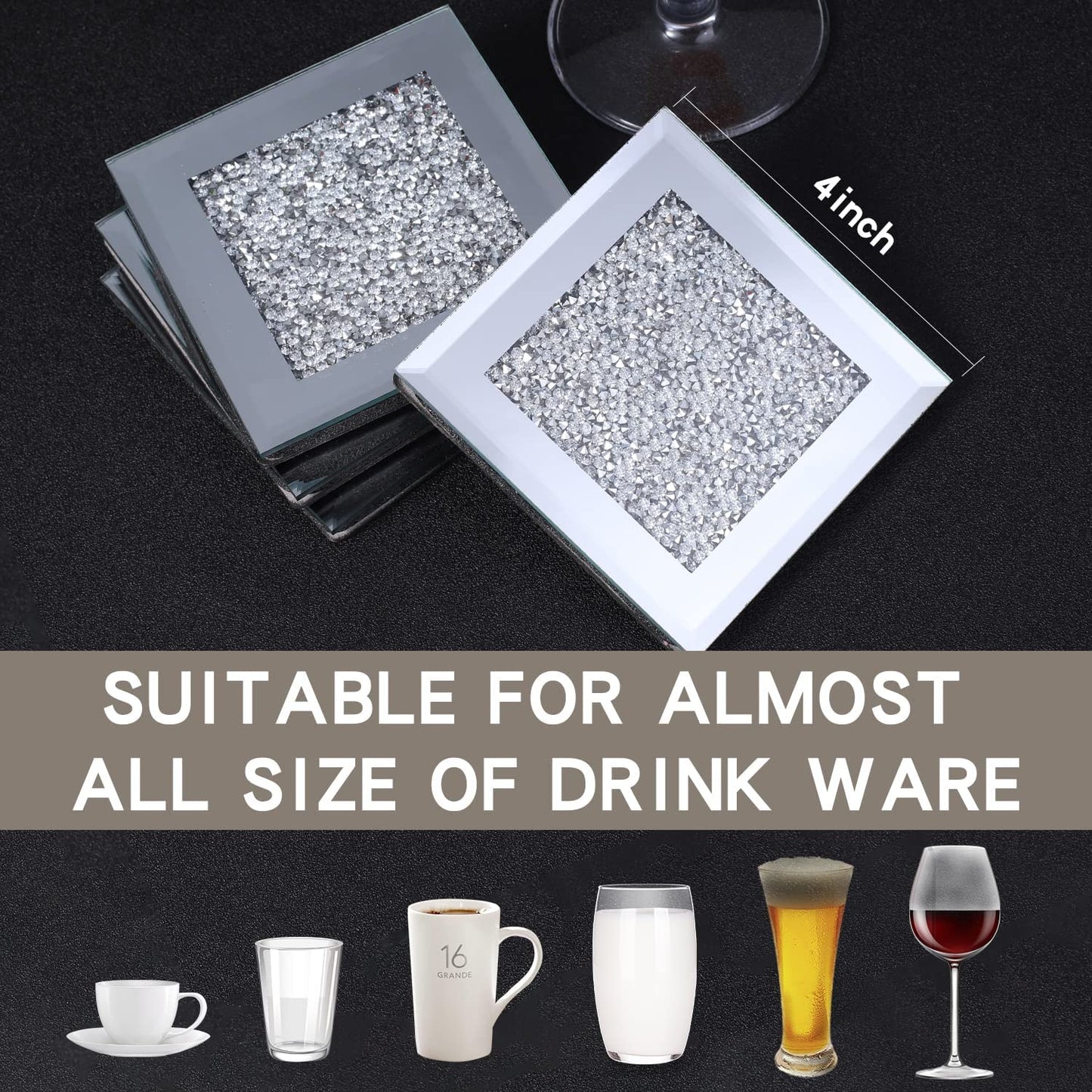 Diamond Glass Coasters for Coffee Table - Crystal Coasters for Drinks , Cup Coaster Set Silver Decor for Bar and Home Parties (4X4 Inch, Square Silver)