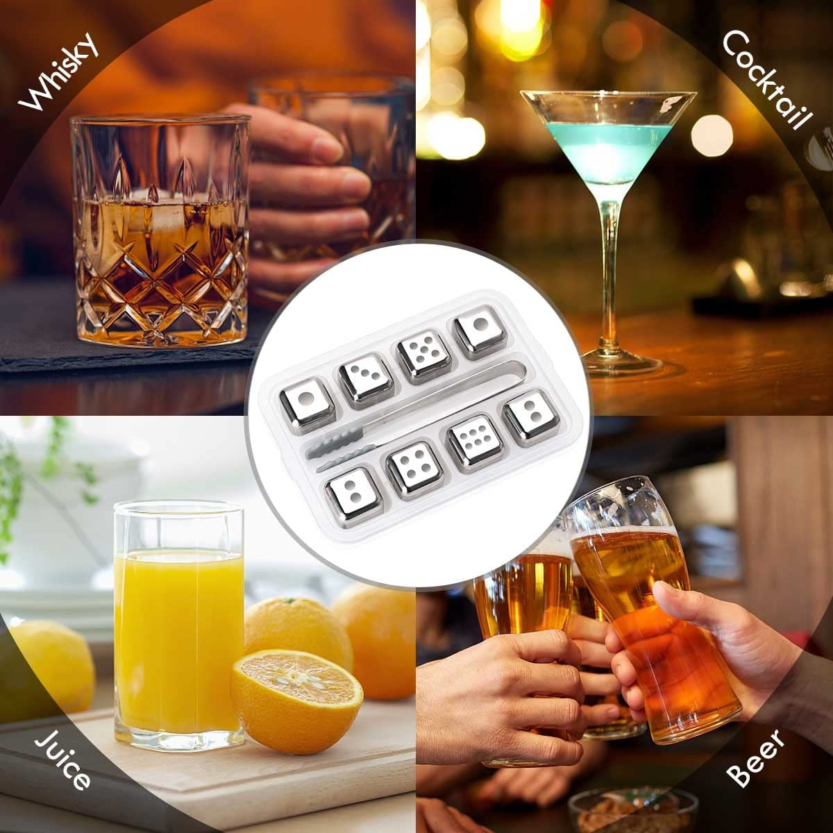 Whiskey Stones Gifts for Men Dad, Dice Reusable Ice Cube, Whiskey Stainless Steel Metal Ice Cubes, Cool Man Cave Gadgets, Unique Anniversary Birthday Gifts for Him Boyfriend Boss,Silver Set of 8