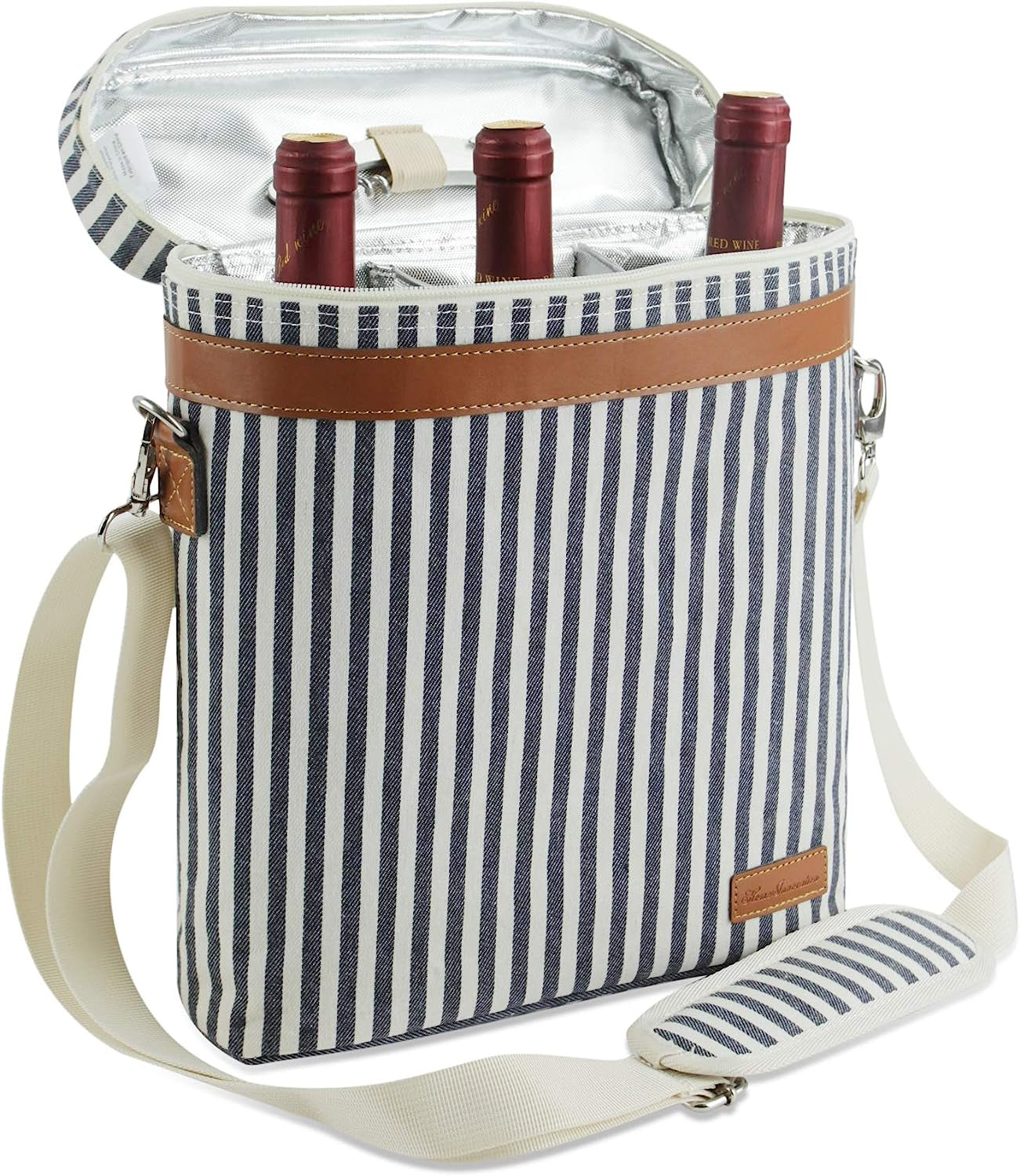 3 Bottle Insulated Wine Tote Cooler Bag, Portable Wine Carrier with Corkscrew Opener and Shoulder Strap for Beach Travel Picnic, Unique Wine Carrier for Wine Lover Gifts Grey