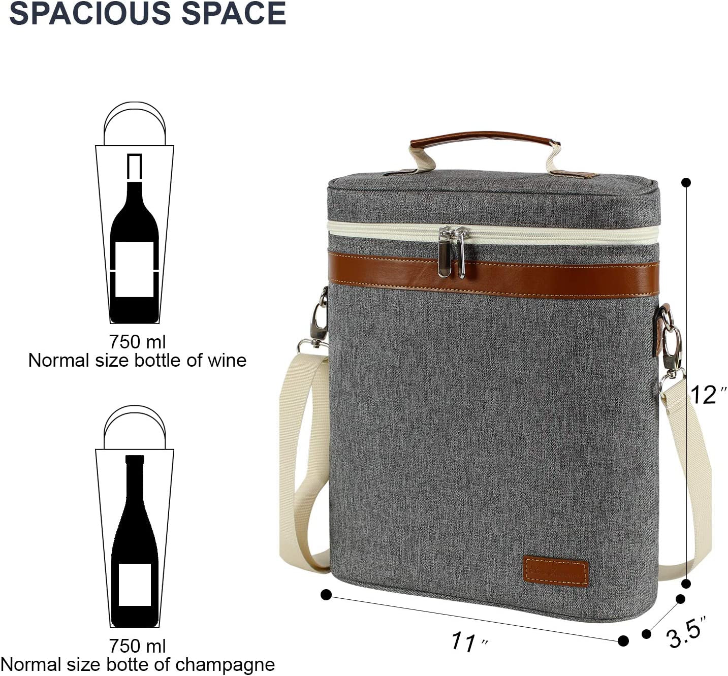 3 Bottle Insulated Wine Tote Cooler Bag, Portable Wine Carrier with Corkscrew Opener and Shoulder Strap for Beach Travel Picnic, Unique Wine Carrier for Wine Lover Gifts Grey
