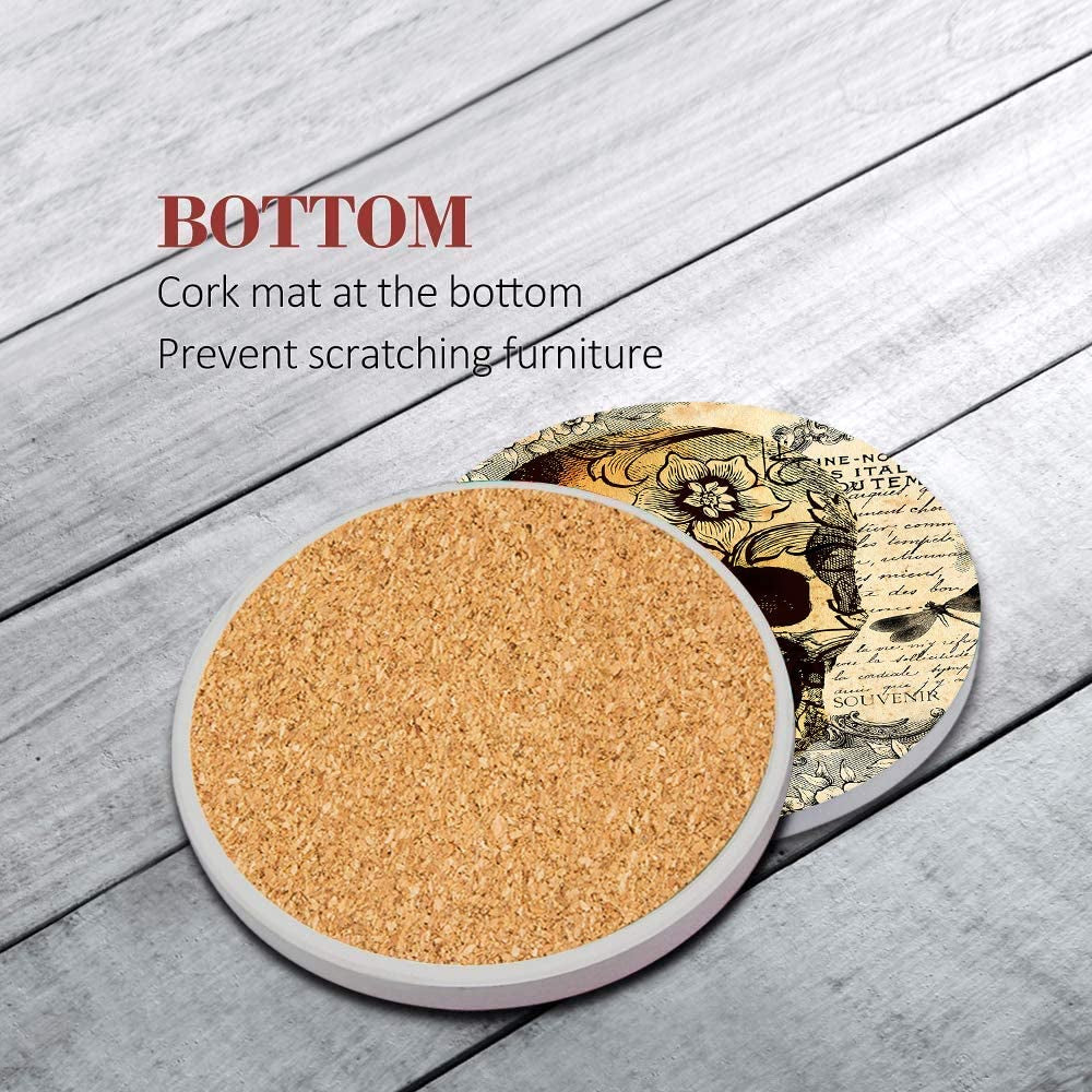Set of 6 Coaster for Drinks Absorbent with Cork Base, Metal Holder, round Wooden Stone Drink Mat for Coffee Wood Table, Gift for Birthday, Farmhouse Housewarming Room Bar Decor Retro Skull