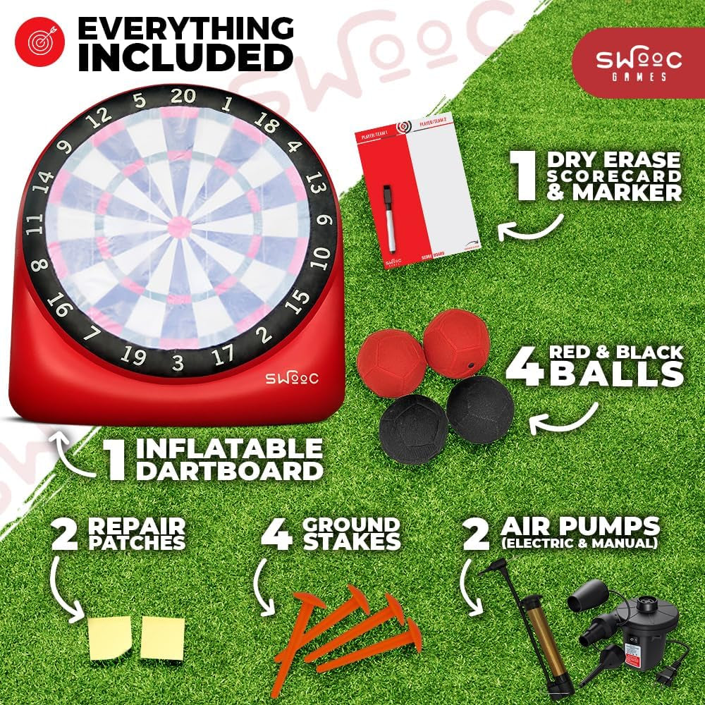 Games - Giant Kick Darts (Over 6Ft Tall) with over 15 Games Included - Giant Inflatable Outdoor Dartboard with Soccer Balls, Air Pump & Score Card - Jumbo Foot Darts Game with Big Target (Red)