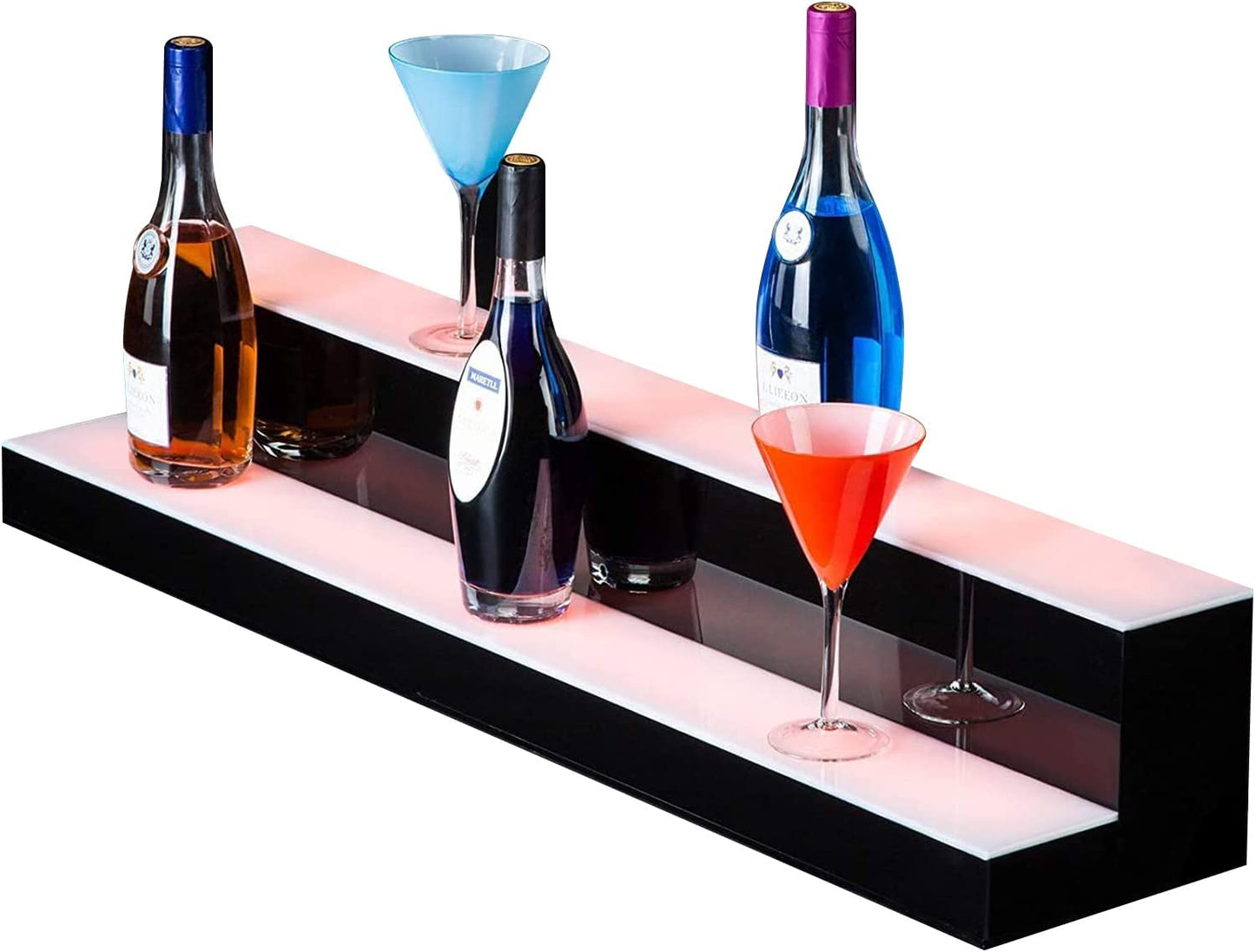 LED Lighted Liquor Bottle Display Shelf, 30 in 2 Step LED Lighted Bar Shelf for Home Commercial Bar Drinks Acrylic Lighting Shelves High Gloss Black Finish with Remote Control