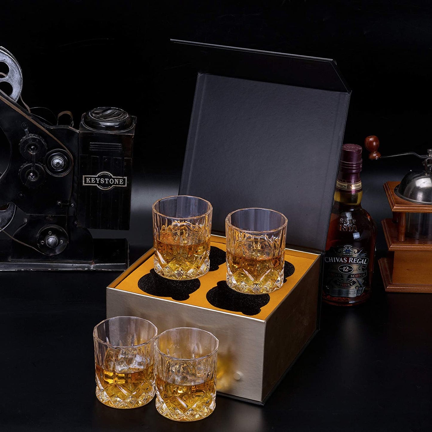 Old Fashioned Whiskey Glasses with Luxury Box - 10 Oz Rocks Barware for Scotch, Bourbon, Liquor and Cocktail Drinks - Set of 4