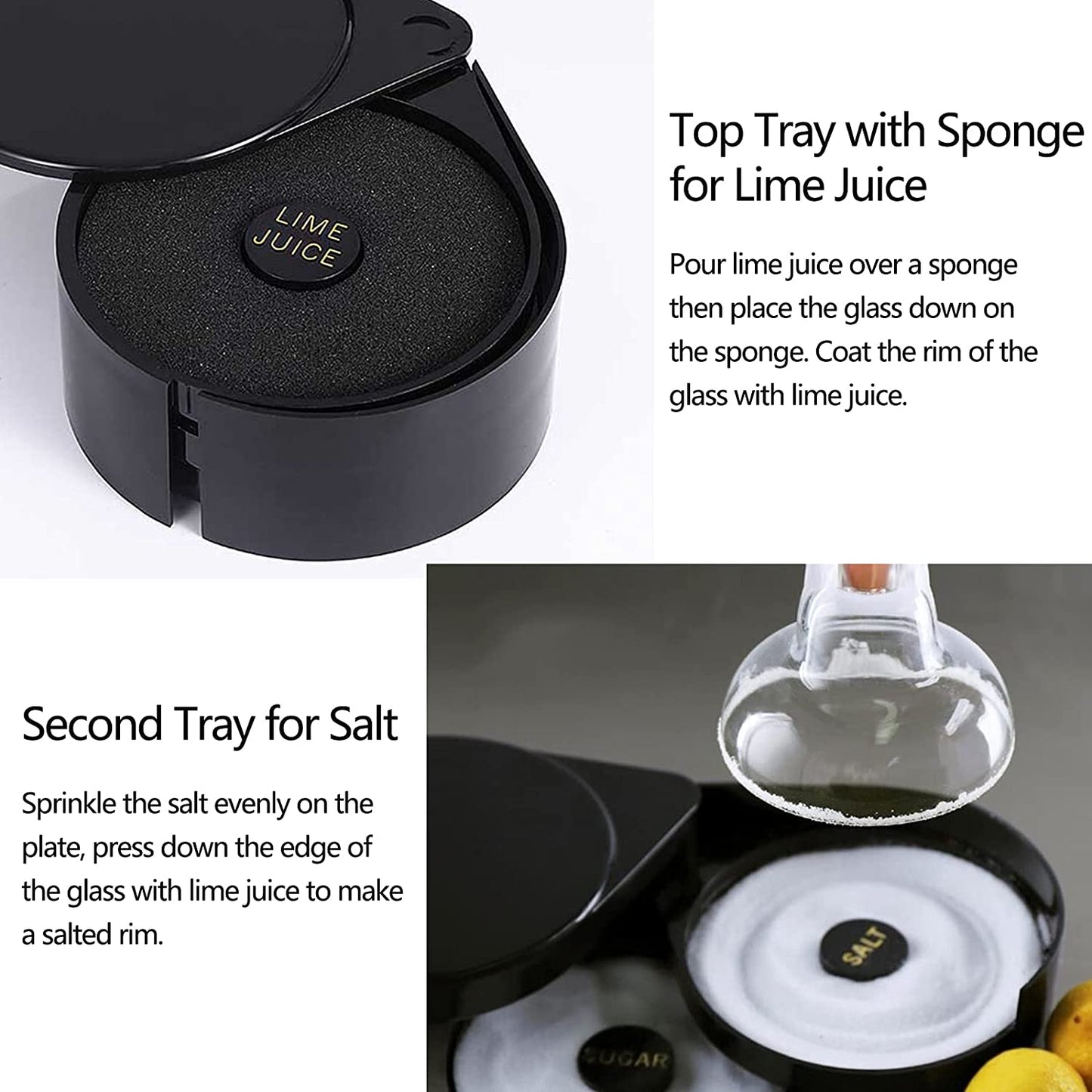 3-Tier Bar Glass Rimmer, Margarita Salter Bar Accessories with Cocktail Recipe Card for Bloody Mary and Gimlets, Black