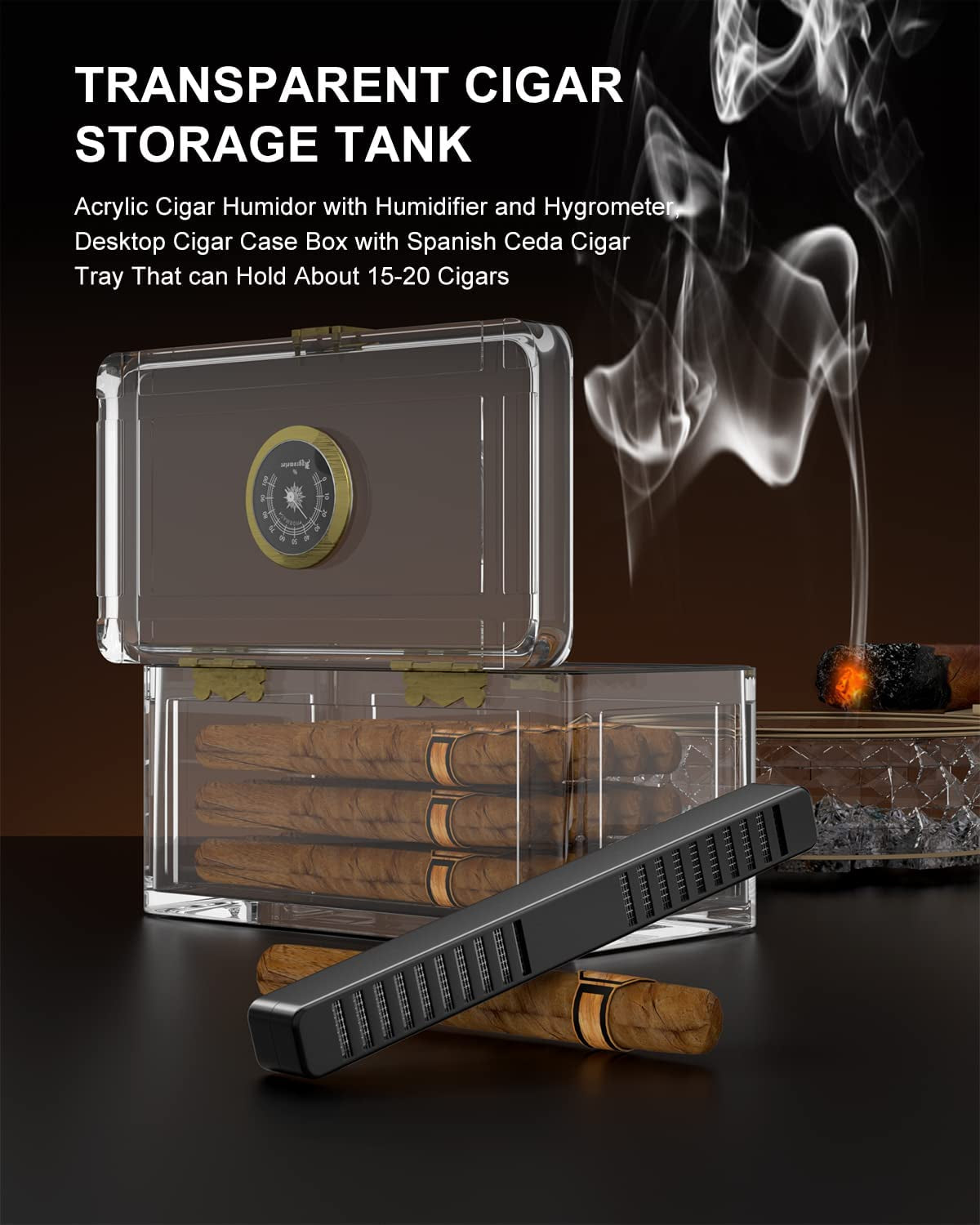 Acrylic Cigar Humidor with Humidifier and Hygrometer, Desktop Cigar Case Box That Can Hold about 15-20 Cigars (S)
