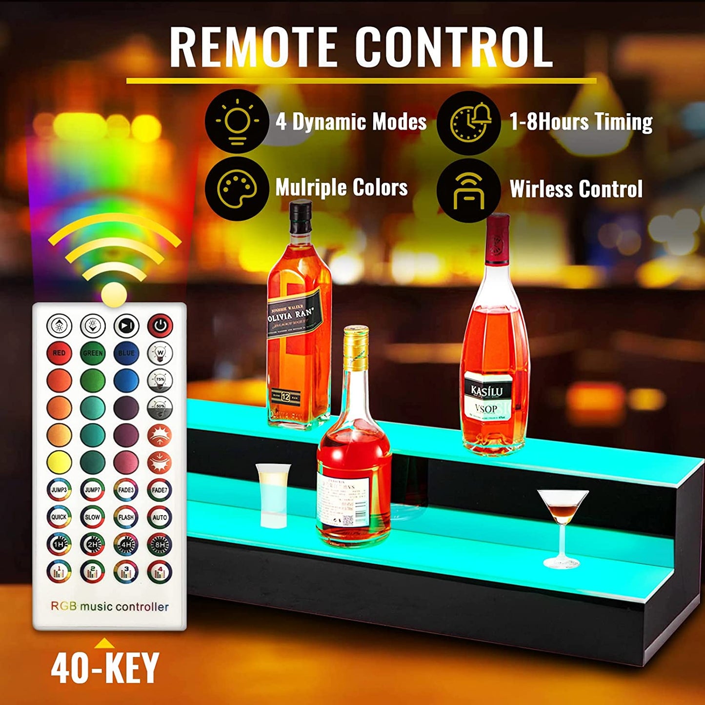 LED Lighted Liquor Bottle Display Shelf, 40-Inch LED Bar Shelves for Liquor, 2-Step Lighted Liquor Bottle Shelf for Home/Commercial Bar, Acrylic Lighted Bottle Display with Remote & App Control