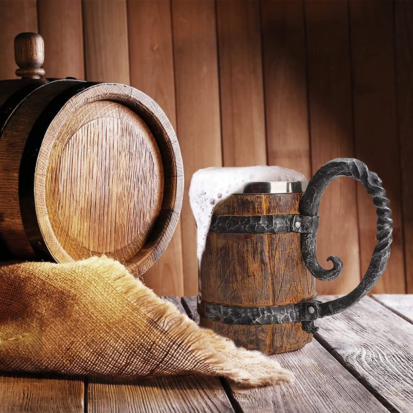 550ML Viking Drinking Cup, Stainless Handmade Wood-Style Beer Mug for Husband Gift, Resin Beer Stein Tankard Coffee Mug Tea Cup, Wooden Gift Antique Men'S Barrel Capacity