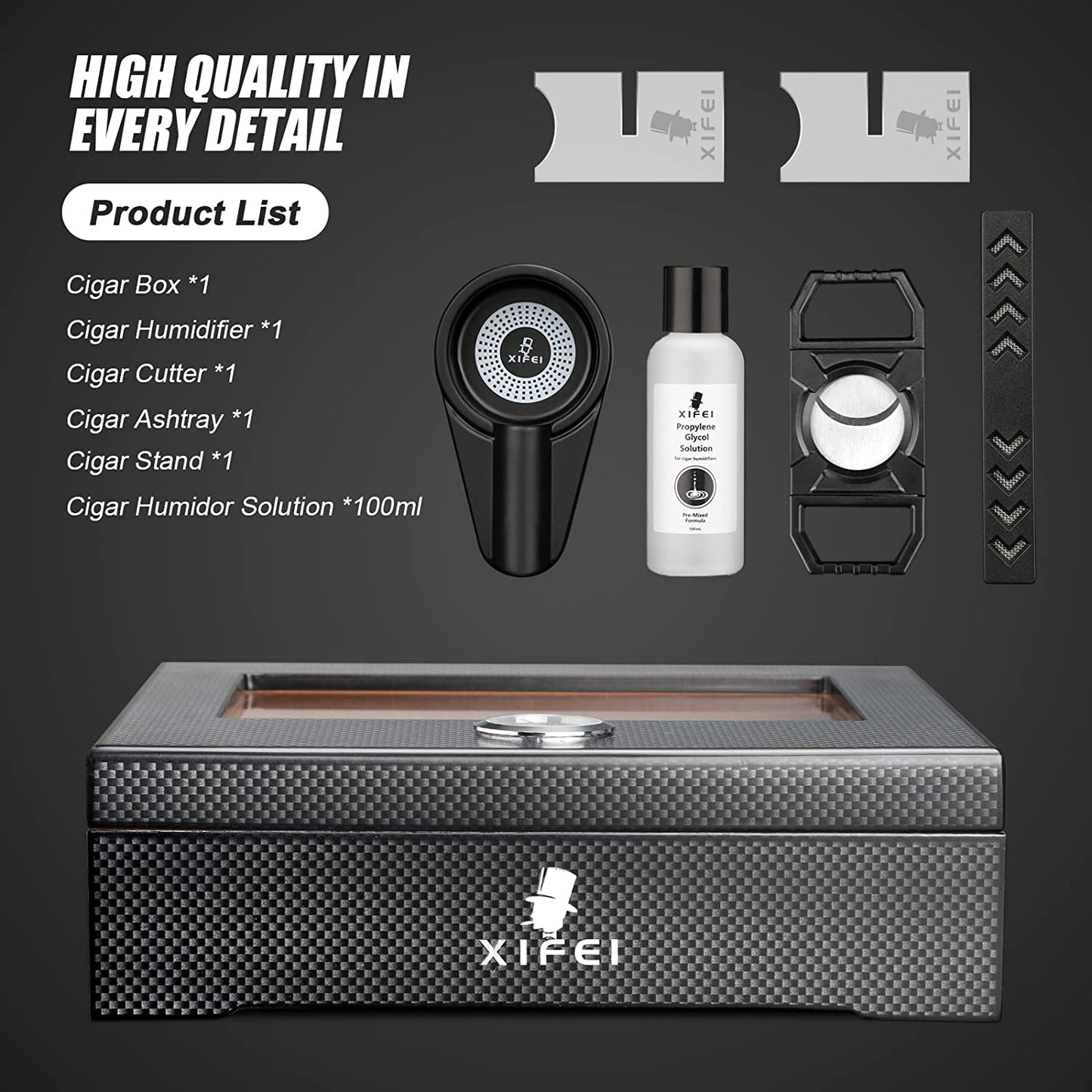 Cigar Humidor, Glass Top Carbon Fiber Texture Top Inlay Hygrometer,Including Cigar Humidifier, Acrylic Cigar Stand,Cigar Ashtray and Humidor Solution, Holds 25-60 Cigars (9IN*7.5 * 2.8)