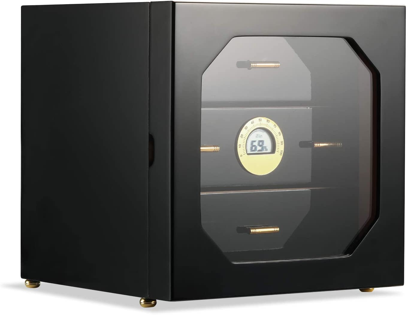 Cigar Humidor Cabinet with Digital Hygrometer for 100 to 150 Counts, Spanish Cedar Lined Cigar Box with 3 Large Drawers, 2 Crystal Gel Humidifiers, Glossy Ebony Finish, Great Gift for Father