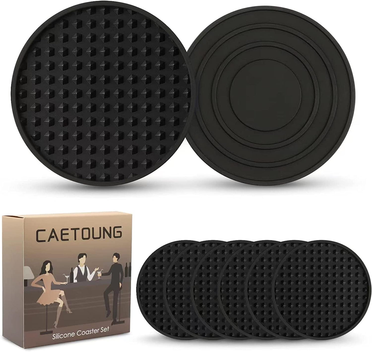 7 Pack Silicone Coasters for Drinks, Thickened Coasters with Deep Tray Grooved Design Cup Mat, Washable Heat Resistant Durable Non-Slip Coasters for Coffee Table Wooden Desk Kitchen Bar (Brown)