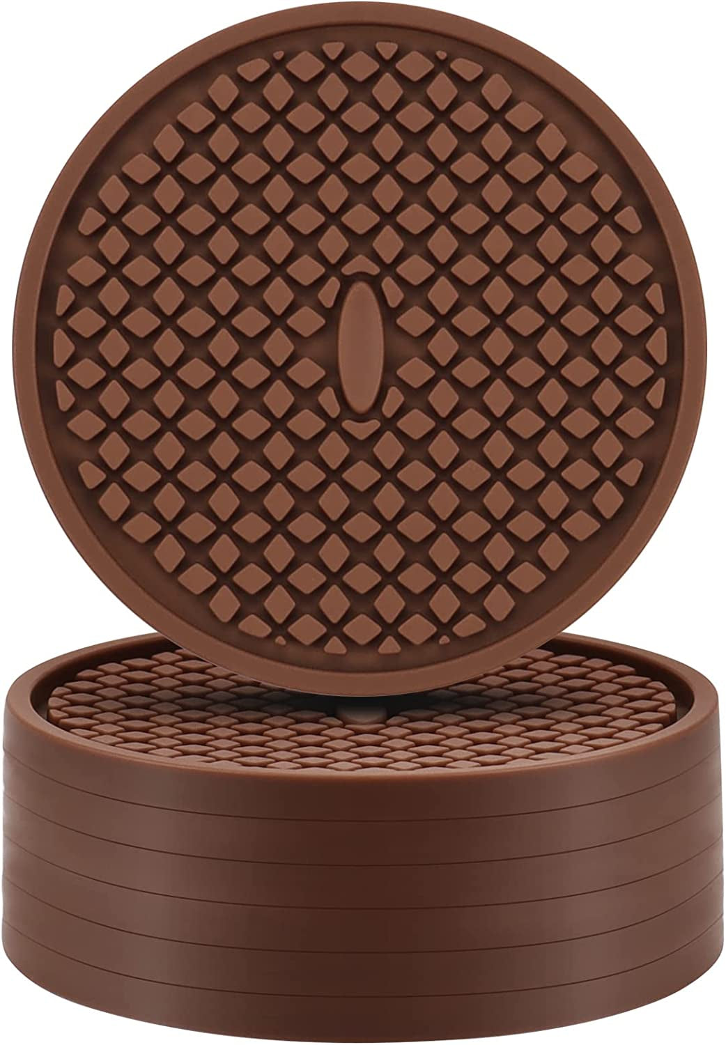 7 Pack Silicone Coasters for Drinks, Thickened Coasters with Deep Tray Grooved Design Cup Mat, Washable Heat Resistant Durable Non-Slip Coasters for Coffee Table Wooden Desk Kitchen Bar (Brown)