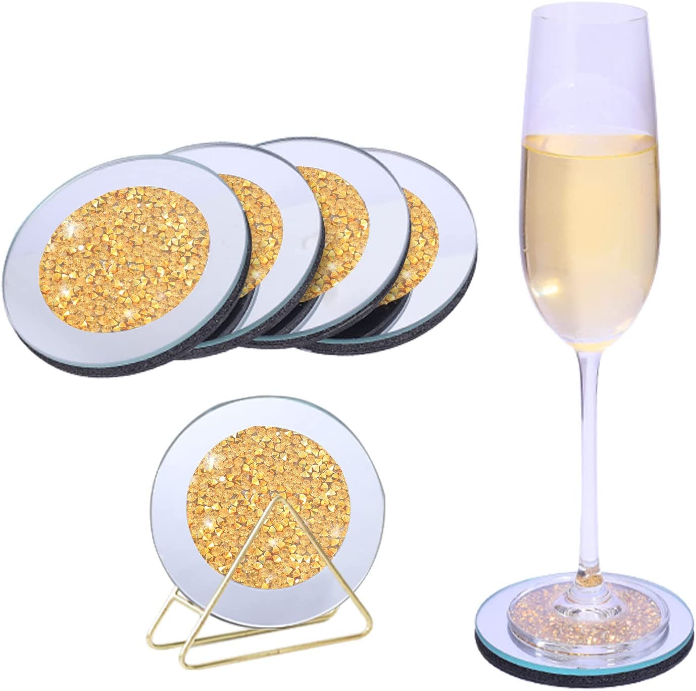 Diamond Glass Coasters for Coffee Table - Crystal Coasters for Drinks , Cup Coaster Set Silver Decor for Bar and Home Parties (4X4 Inch, Square Silver)