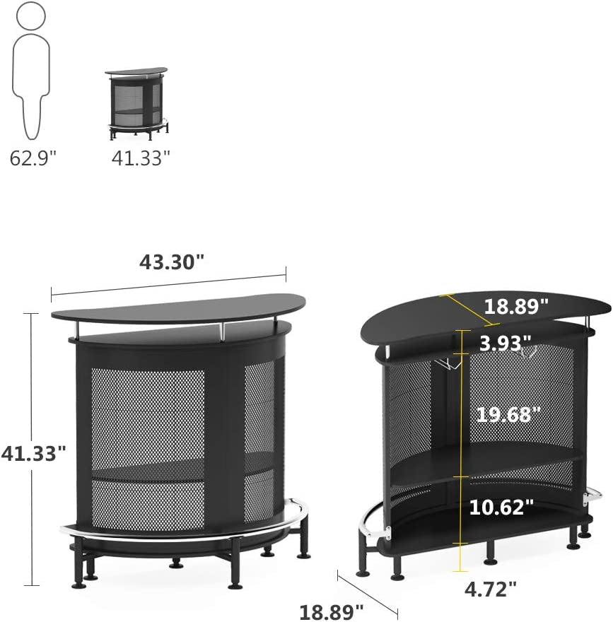 Bar Unit with Metal Mesh Front, Home Liquor Bar Table with Storage and Footrest (Black)