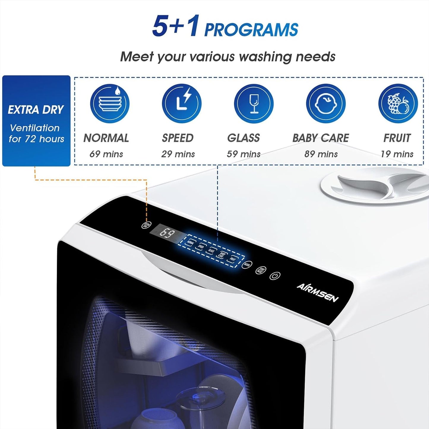 AE-TDQR03 Portable Countertop Dishwasher, Compact Mini Dish Washer with 5-Liter Built-In Water Tank and Air-Dry Function, 5 Washing Programs, Baby Care, Glass & Fruit Wash-White/Black