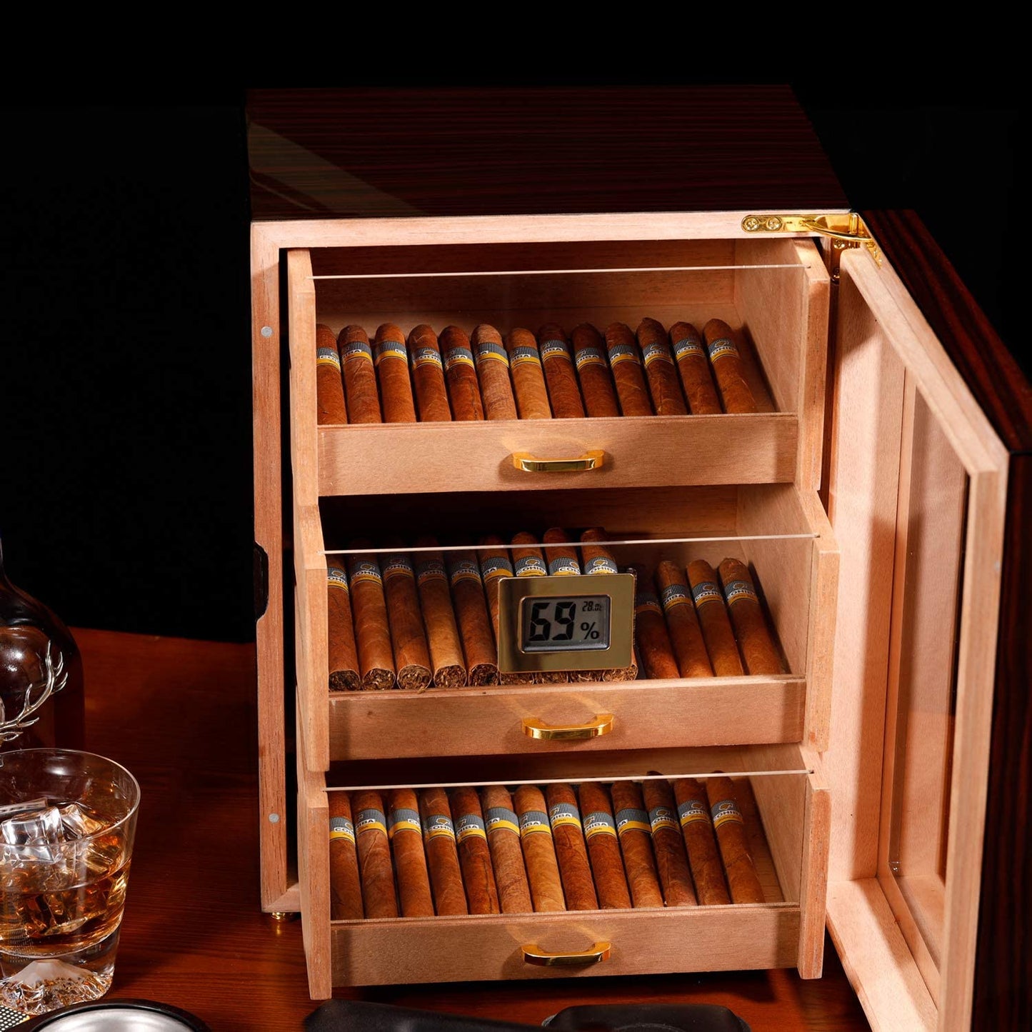 Cigar Humidor Cabinet with Digital Hygrometer for 100 to 150 Counts, Spanish Cedar Lined Cigar Box with 3 Large Drawers, 2 Crystal Gel Humidifiers, Glossy Ebony Finish, Great Gift for Father