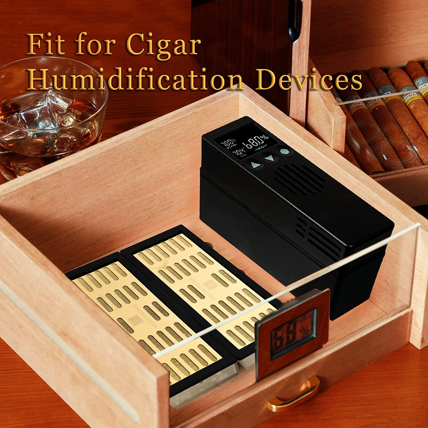 Cigar Humidor Cabinet with Digital Hygrometer for 100 to 150 Counts, Spanish Cedar Lined Cigar Box with 3 Large Drawers, 2 Crystal Gel Humidifiers, Glossy Ebony Finish, Great Gift for Father