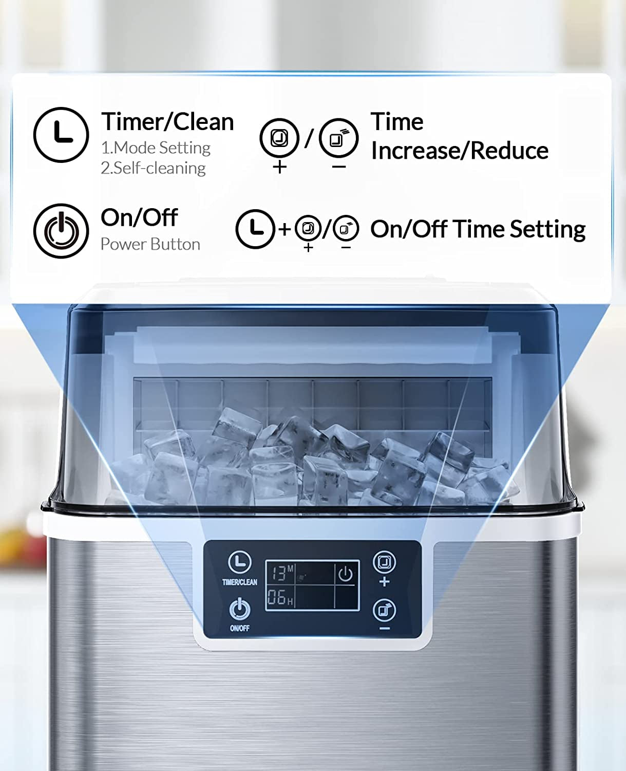 Countertop Ice Maker, 45Lbs per Day, 24Pcs Ice Cubes in 13 Min, 2 Ways to Add Water, Auto Self-Cleaning, Stainless Steel Ice Machine for Home Office Bar Party