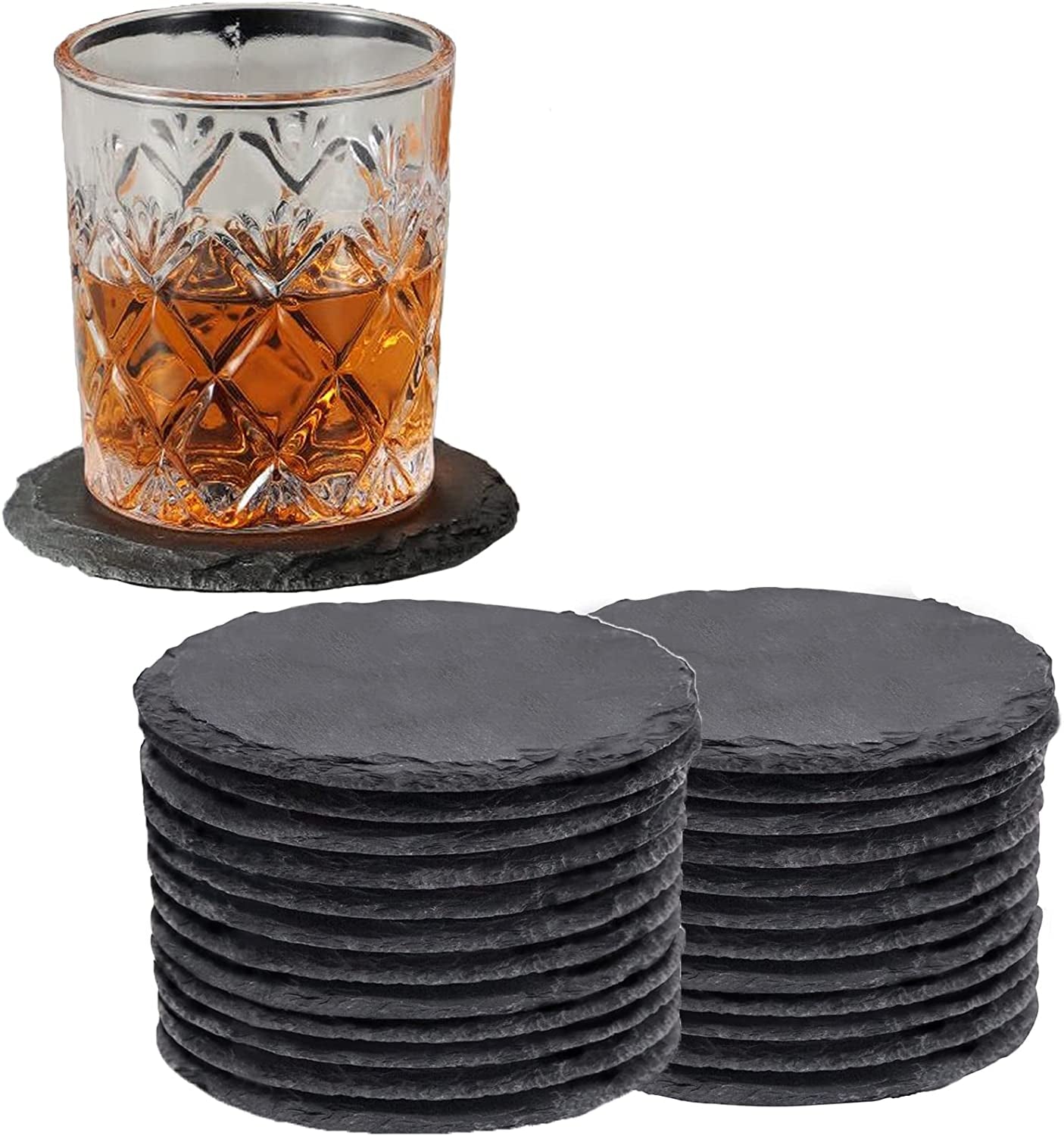 Slate Coasters, 4 Inch 12 Pieces round Black Stone Coasters with Anti-Scratch Backing for Bar, Kitchen Home Decor, Table, Cup, DIY, Housewarming Gift