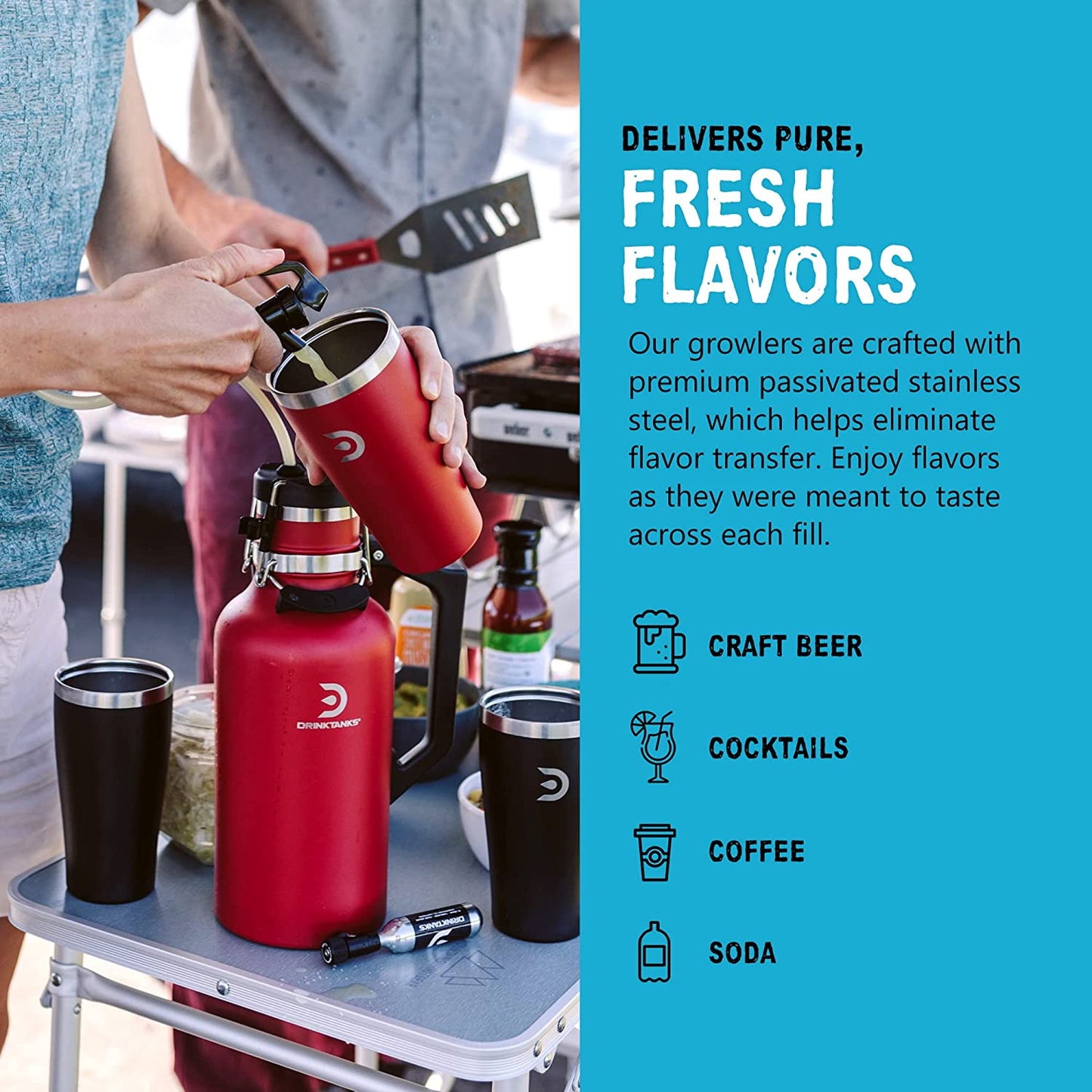 ® Travel Keg - 64 Oz Growler with CO2 Dispensing Keg Cap for Carbonated Craft Beverages; Camping, Tailgating, Bottle Shares, Bbqs, Boating & Adventure (Crimson)
