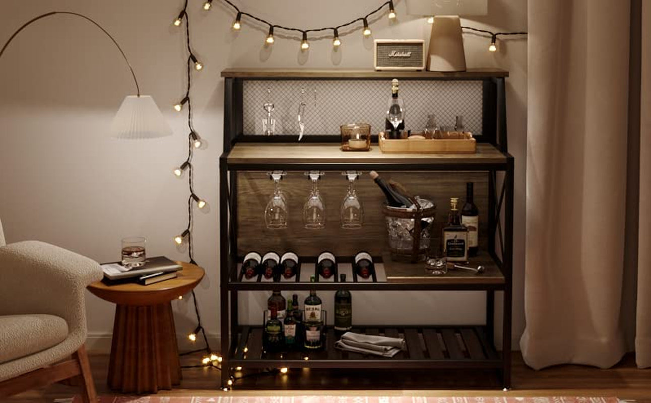 Bar Table with Storage Coffee Bar Cabinets for Liquor and Glasses, Wine Rack Freestanding Floor with Glass Holder for Home Kitchen Dining Room Basement, Gray