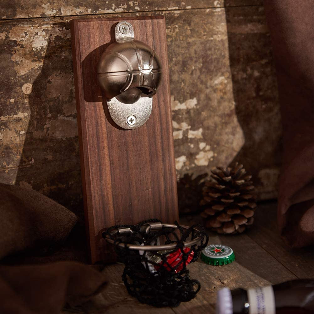 Magnetic Basketball Bottle Opener, Wooden Wall Mounted Opener with Cap Collector Catcher, Ideal Gift for Basketball and Beer Lovers, Use as Kitchen-Yard-Bar Decoration